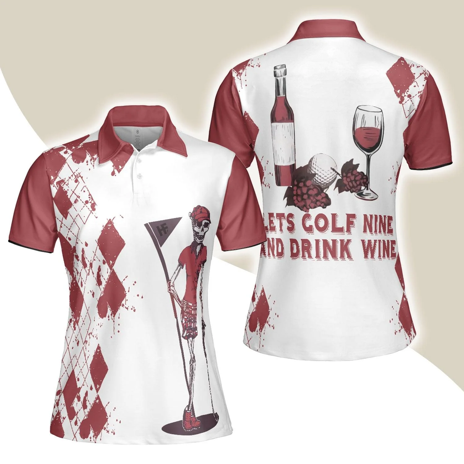 Golf Women Polo Shirt, Golf And Wine Skeleton Argyle Pattern Women Polo Shirts, Golfers Gift For Ladies, Let's Golf Nine And Drink Wine