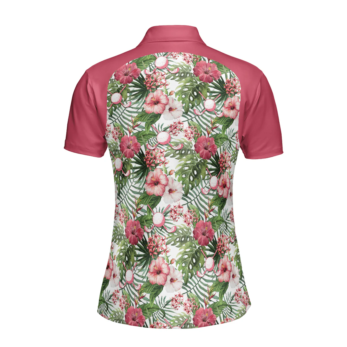 Golf Women Polo Shirt, Golf Ball On Tropical Flowers Pattern Background Women Polo Shirts, Golfing Gift For Ladies, Female Golfers, Golf Lovers - Image 3