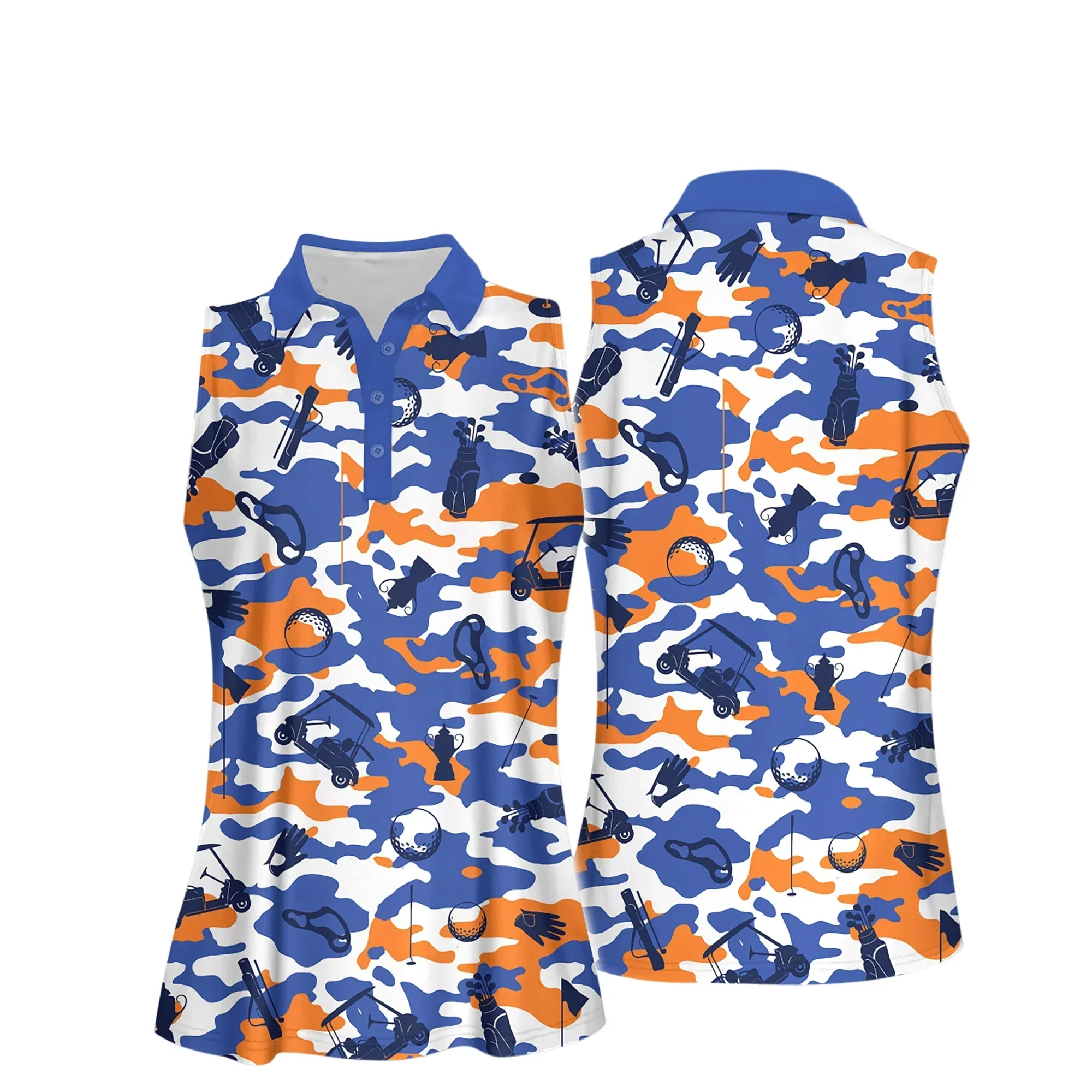 Golf Women Polo Shirt, Golf Camo Pattern Polo Shirt, Blue And Orange And White Golf Set Polo Shirt - Gift For Mother's Day, Golfer, Female, Golf Lover