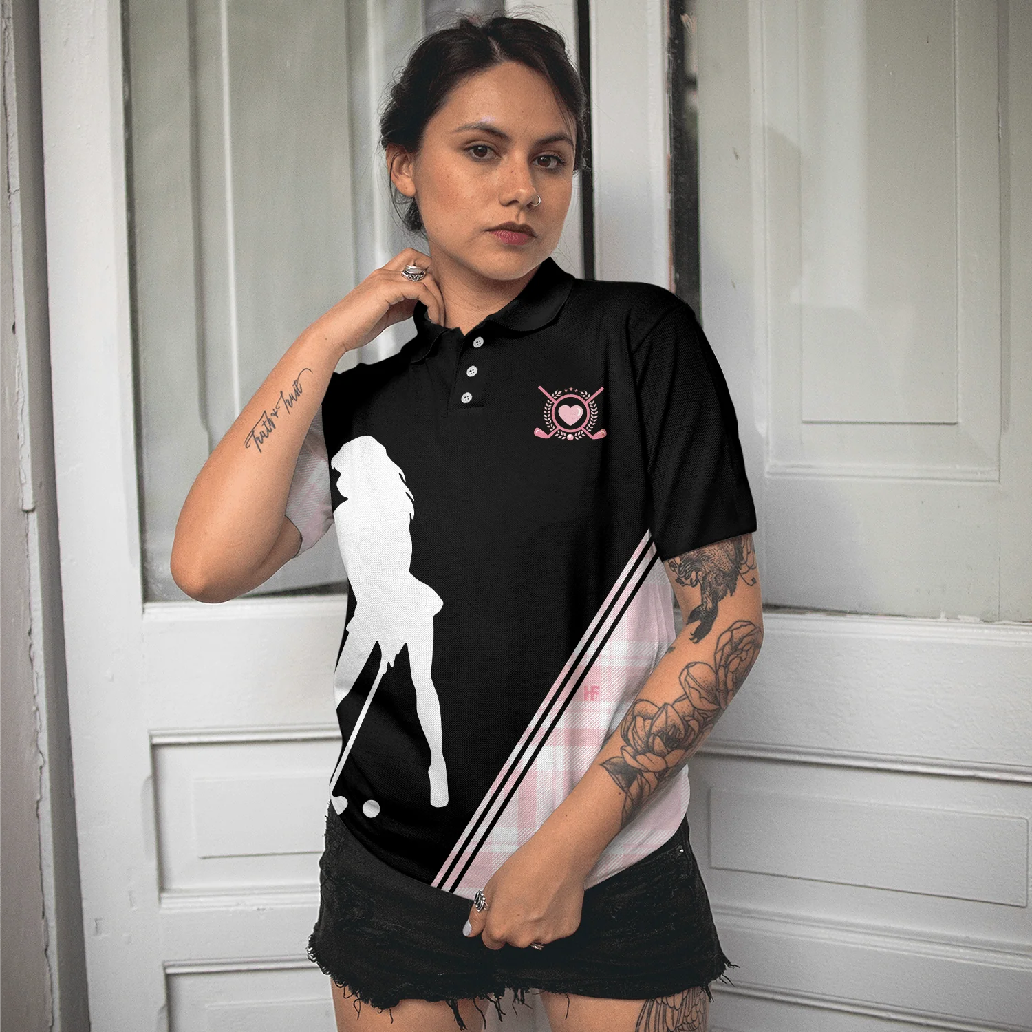Golf Women Polo Shirt, Golf Girl In Black And Pink Plaid Pattern Women Polo Shirts, Unique Gift For Female Golfers, Ladies, Golf Lovers - Image 5