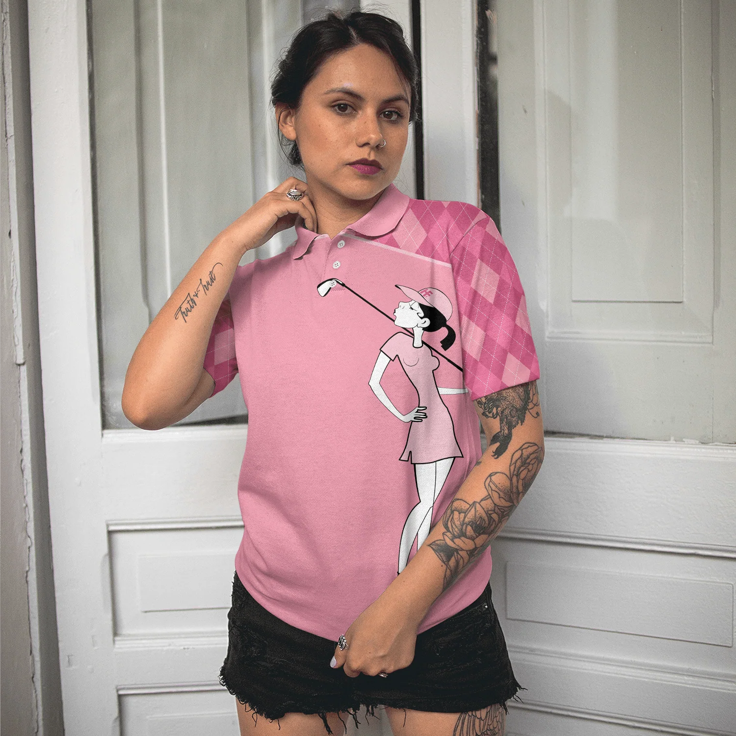 Golf Women Polo Shirt - Golf Girl You Say Girl Can't Golf I Say Watch Me Pink Argyle Pattern Women Polo Shirts - Perfect Gift For Women, Golfers - Image 6