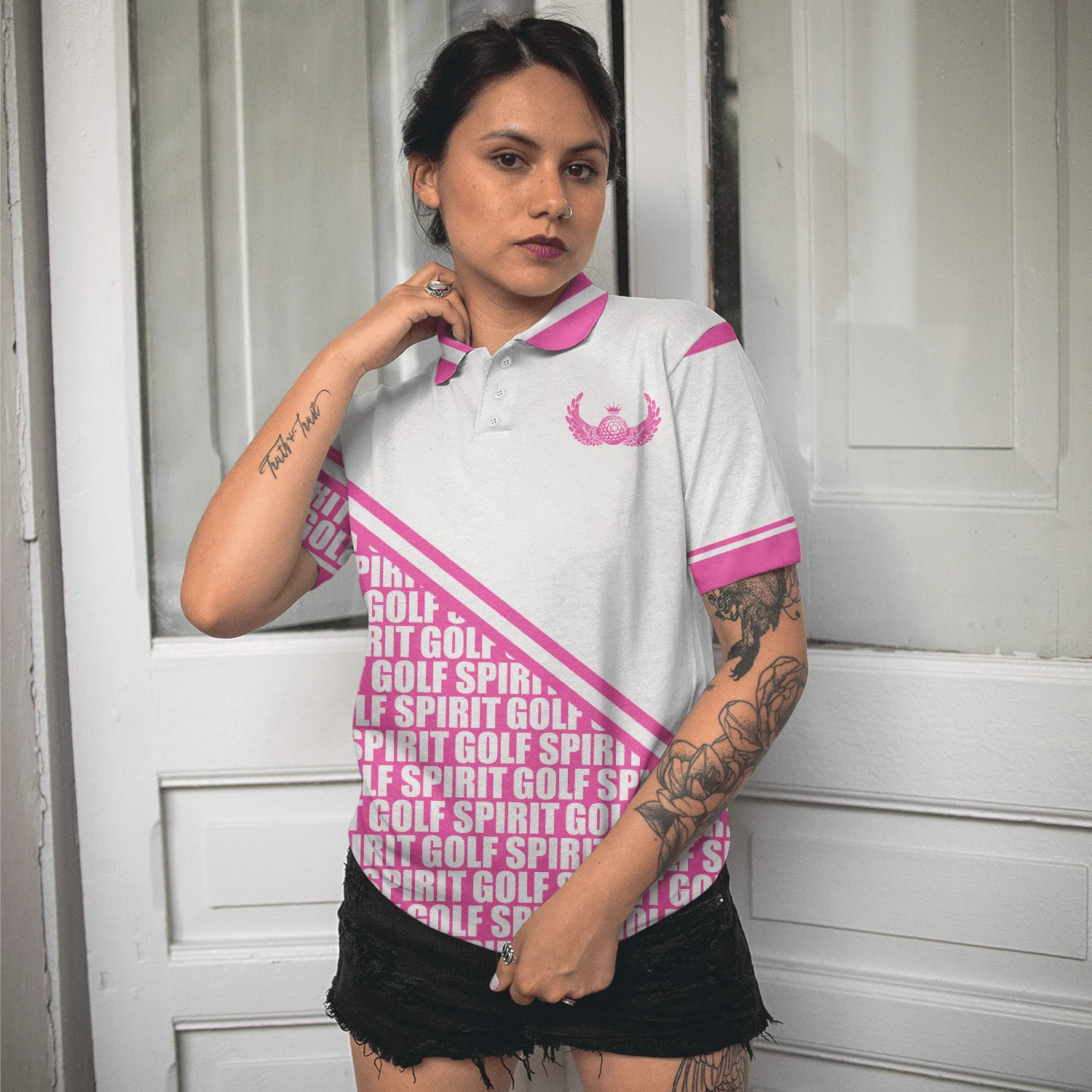 Golf Women Polo Shirt, Golf Spirit In Pink, White And Pink Women Polo Shirts, Unique Golf Gift For Female Golfers, Ladies, Golf Lovers - Image 5