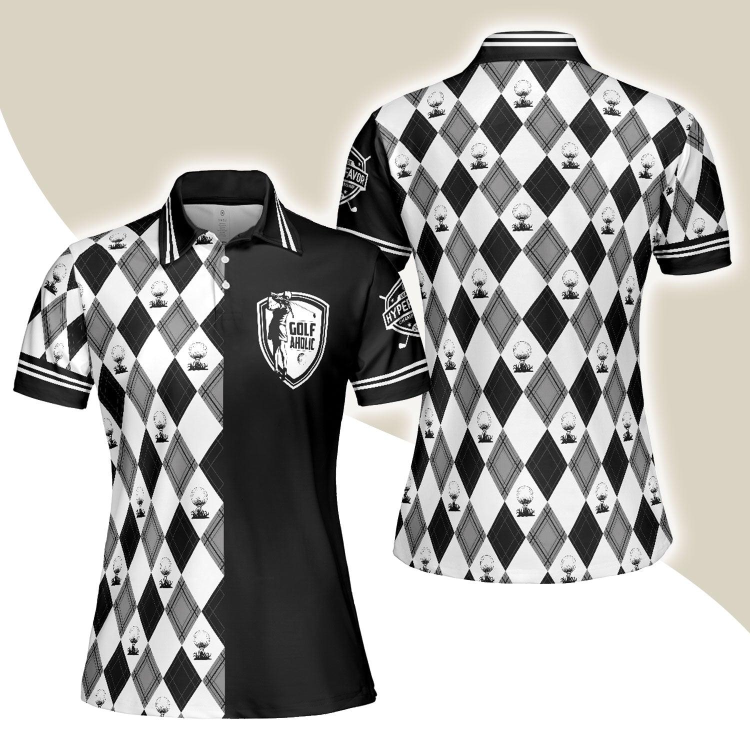 Golf Women Polo Shirt, Golfaholic Black White Checker Pattern Women Polo Shirts, Best Golfing Gift For Female Golfers, Ladies, Golf Lovers