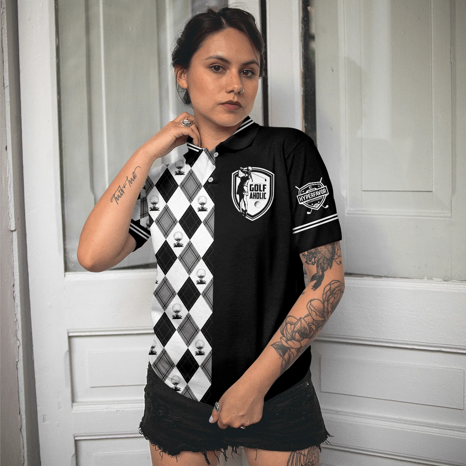 Golf Women Polo Shirt, Golfaholic Black White Checker Pattern Women Polo Shirts, Best Golfing Gift For Female Golfers, Ladies, Golf Lovers - Image 5