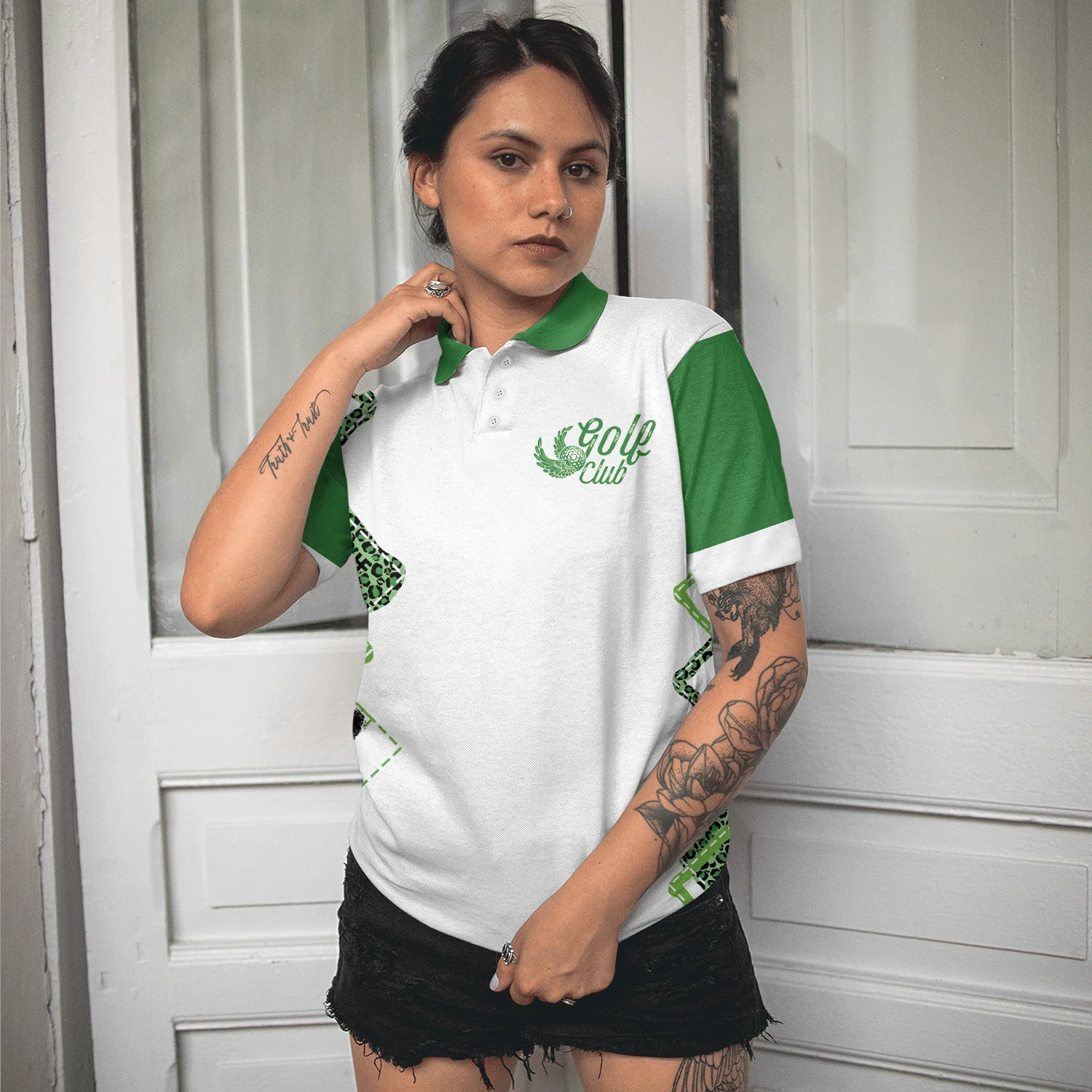 Golf Women Polo Shirt, I Canceled My Golf Game To Be Here, Leopard Pattern White Green Women Polo Shirts, Gift For Ladies, Female Golfers, Golf Lovers - Image 3