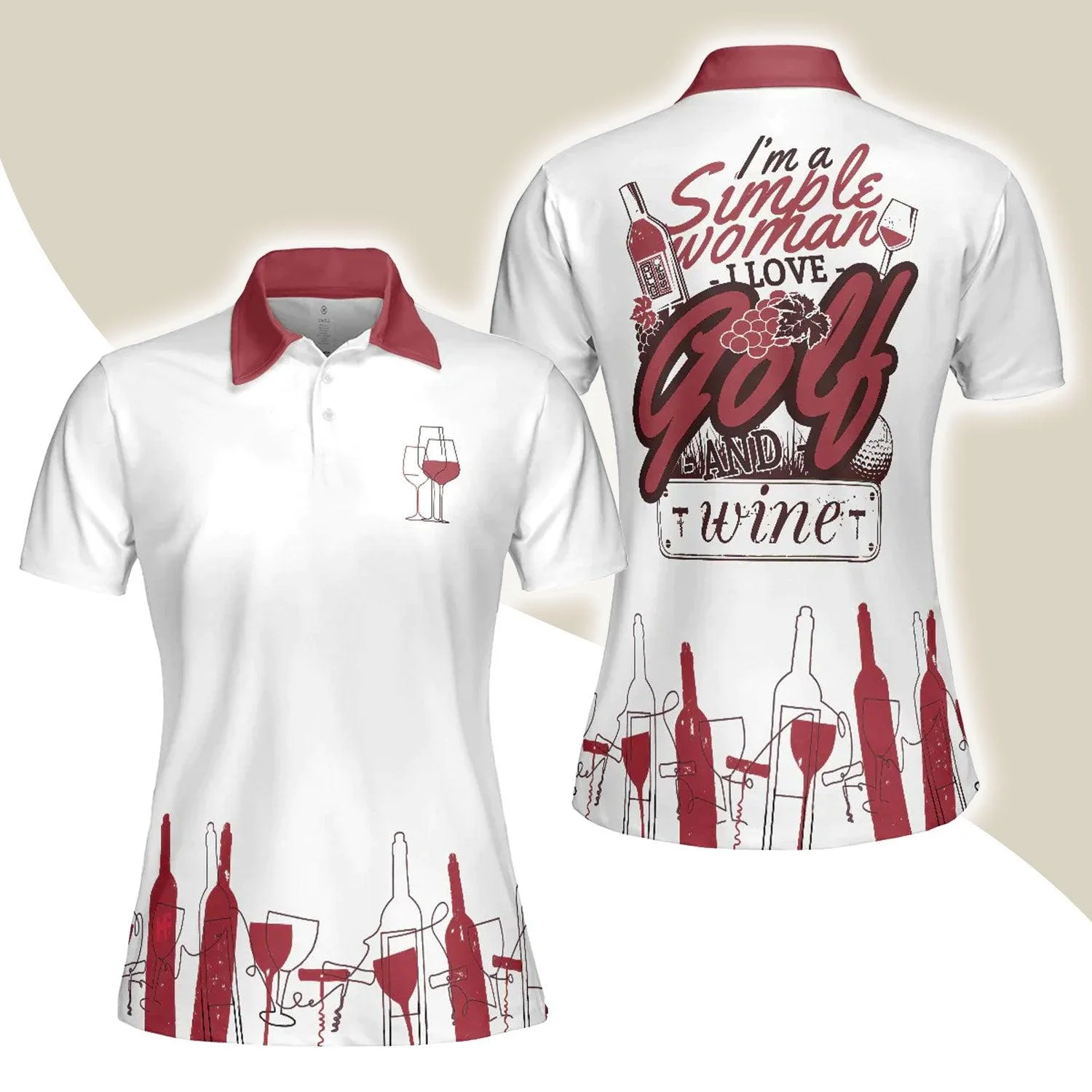 Golf Women Polo Shirt, I'm A Simple Woman, Wine Golf Women Polo Shirts, Golf Gift For Wine Lovers, Ladies, Golfers, Golf Lovers