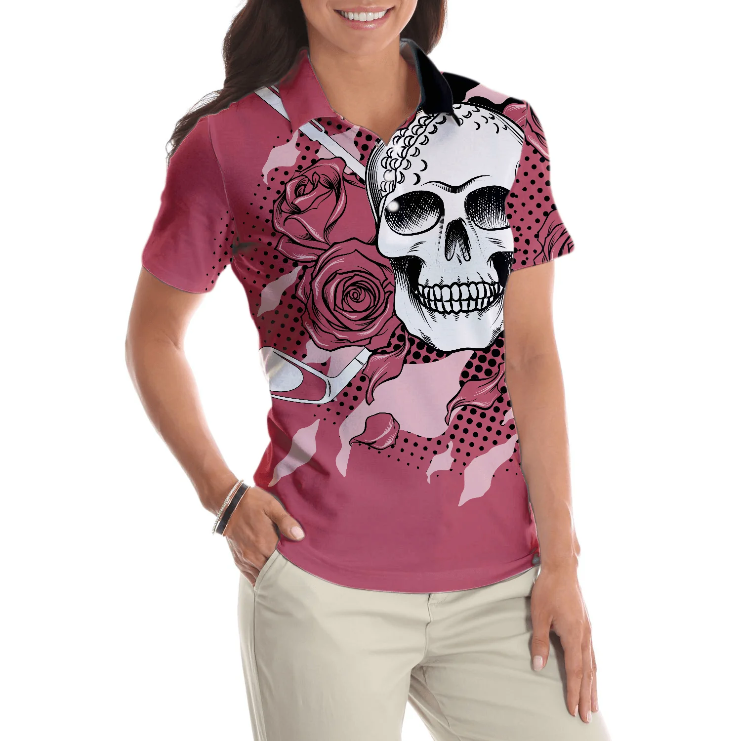 Golf Women Polo Shirt, Pink Skull Ladies Rose Women Polo Shirts, Cool Gift For Female Golfers, Ladies, Golf Lovers - Image 6