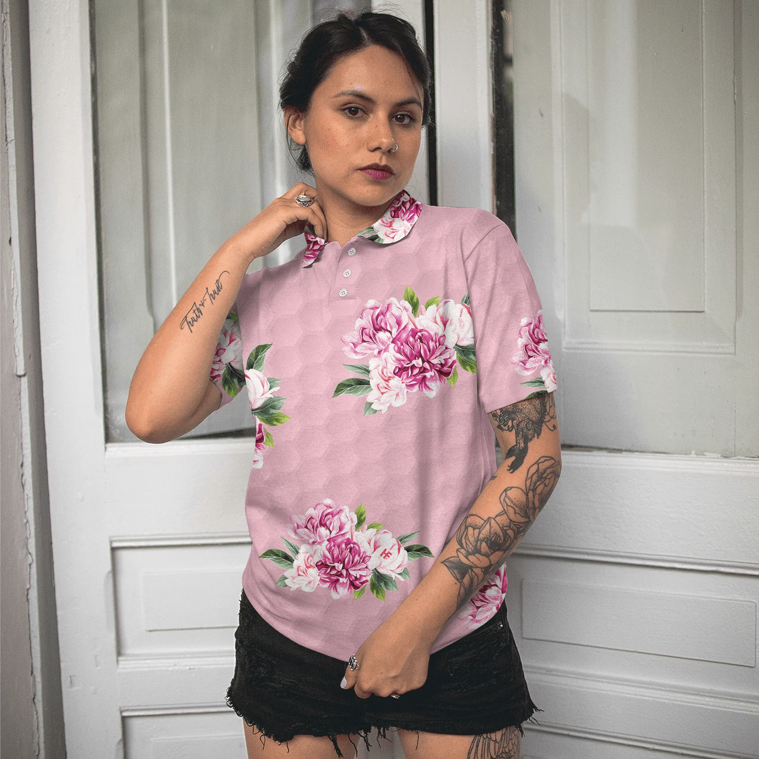 Golf Women Polo Shirt, Pink Watercolor Flowers Women Polo Shirt - Perfect Gift For Female, Ladies, Golfers, Golf Lovers - Image 6