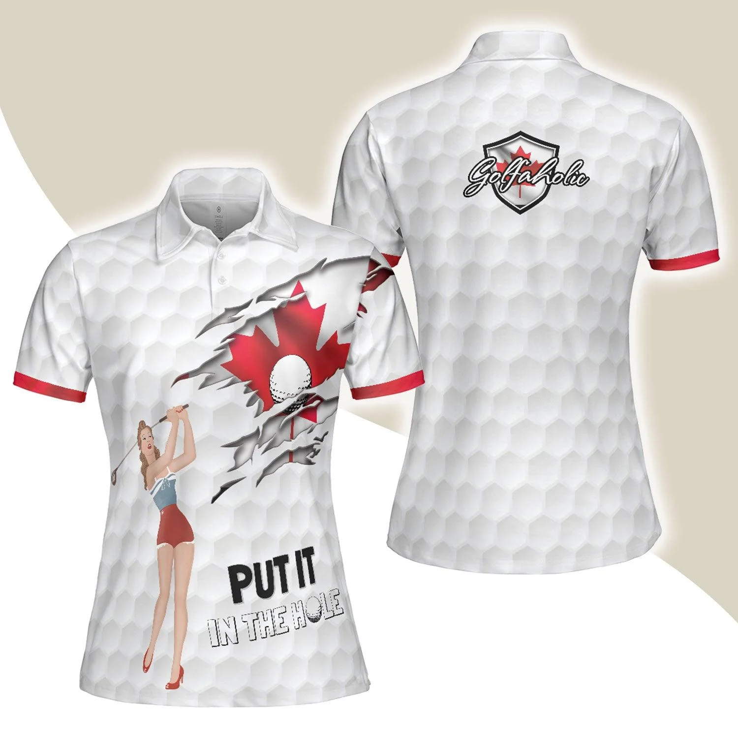 Golf Women Polo Shirt, Put It The Hole Golfaholic, Canada Flag Pin Up Girl Women Polo Shirts, Best Golf Gift For Female Golfers, Ladies, Golf Lovers