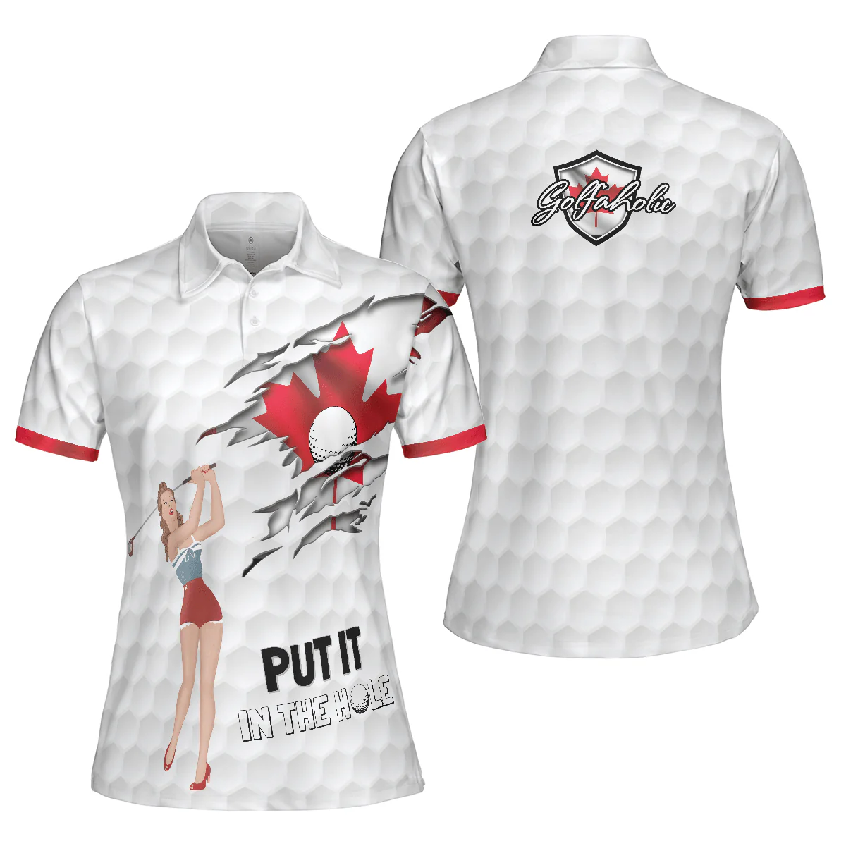 Golf Women Polo Shirt, Put It The Hole Golfaholic, Canada Flag Pin Up Girl Women Polo Shirts, Best Golf Gift For Female Golfers, Ladies, Golf Lovers - Image 2