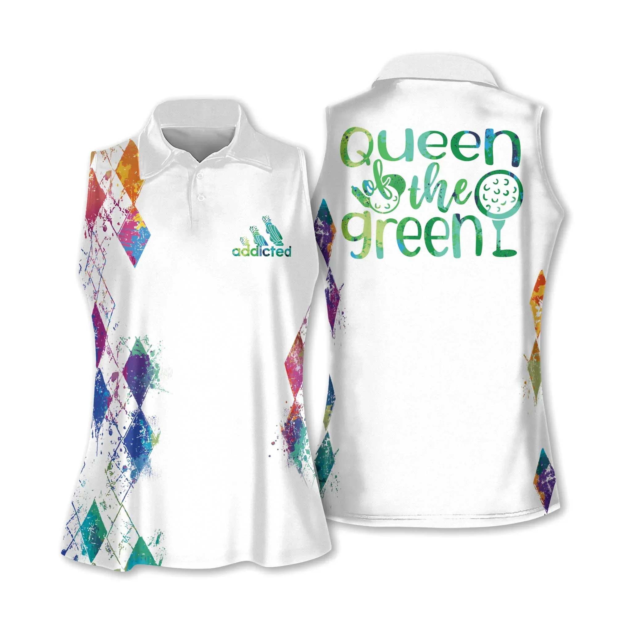 Golf Women Polo Shirt, Queen Of The Green Colorful Argyle Pattern White Background Polo Shirt For Female - Gift Sport For Mother's Day, Golfers