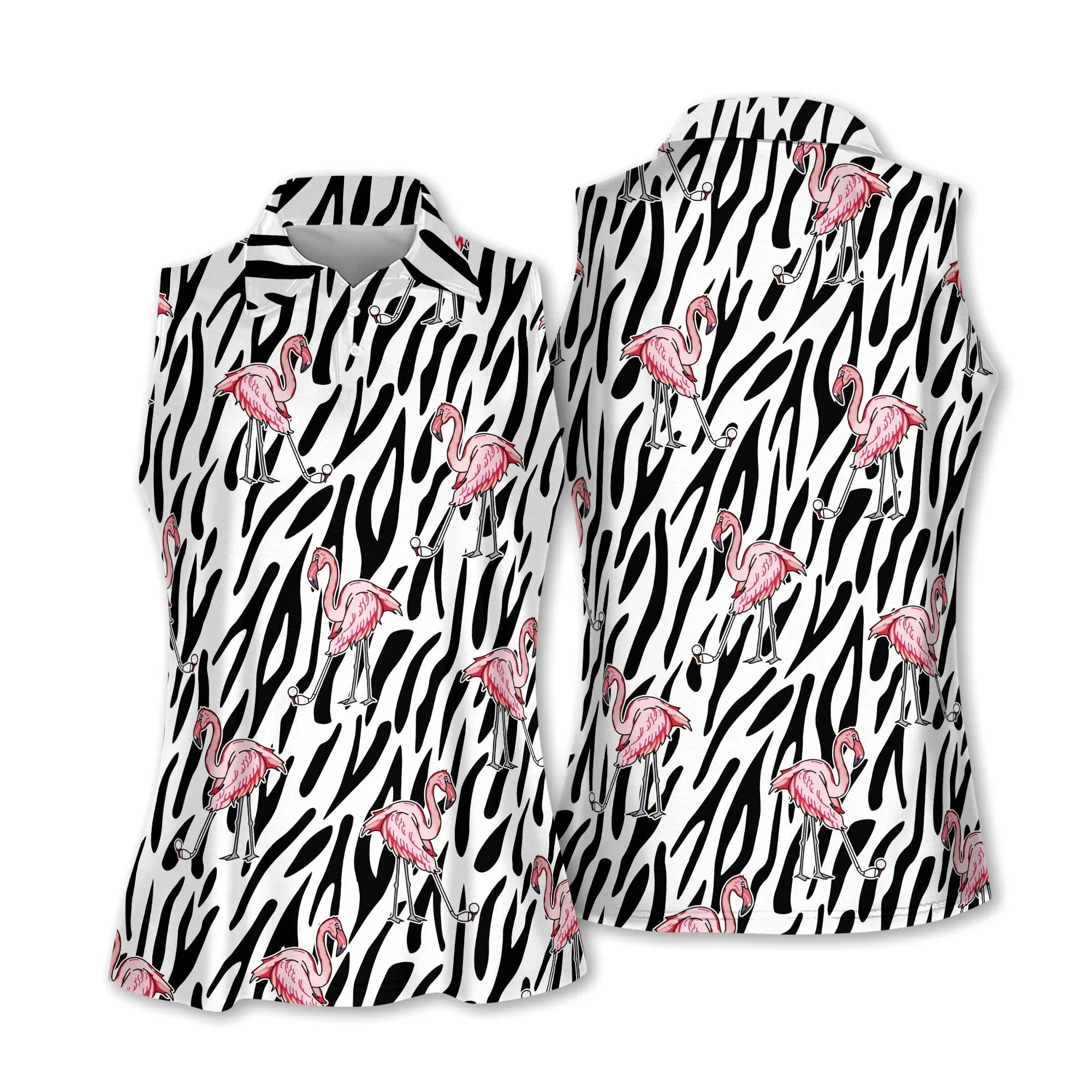 Golf Women Polo Shirt, Seamless Flamingo Zebra Background Women Polo Shirt - Gift Sport For Mother's Day, Golfers, Golf Lover