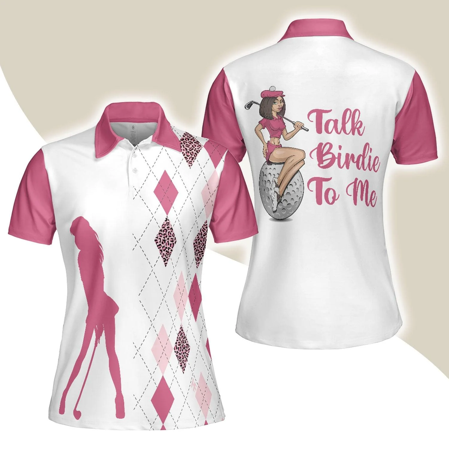 Golf Women Polo Shirt, Talk Birdie To Me, Best Pink Argyle And Leopard Pattern Women Polo Shirts, Perfect Cool Golfing Gift For Ladies, Golfers