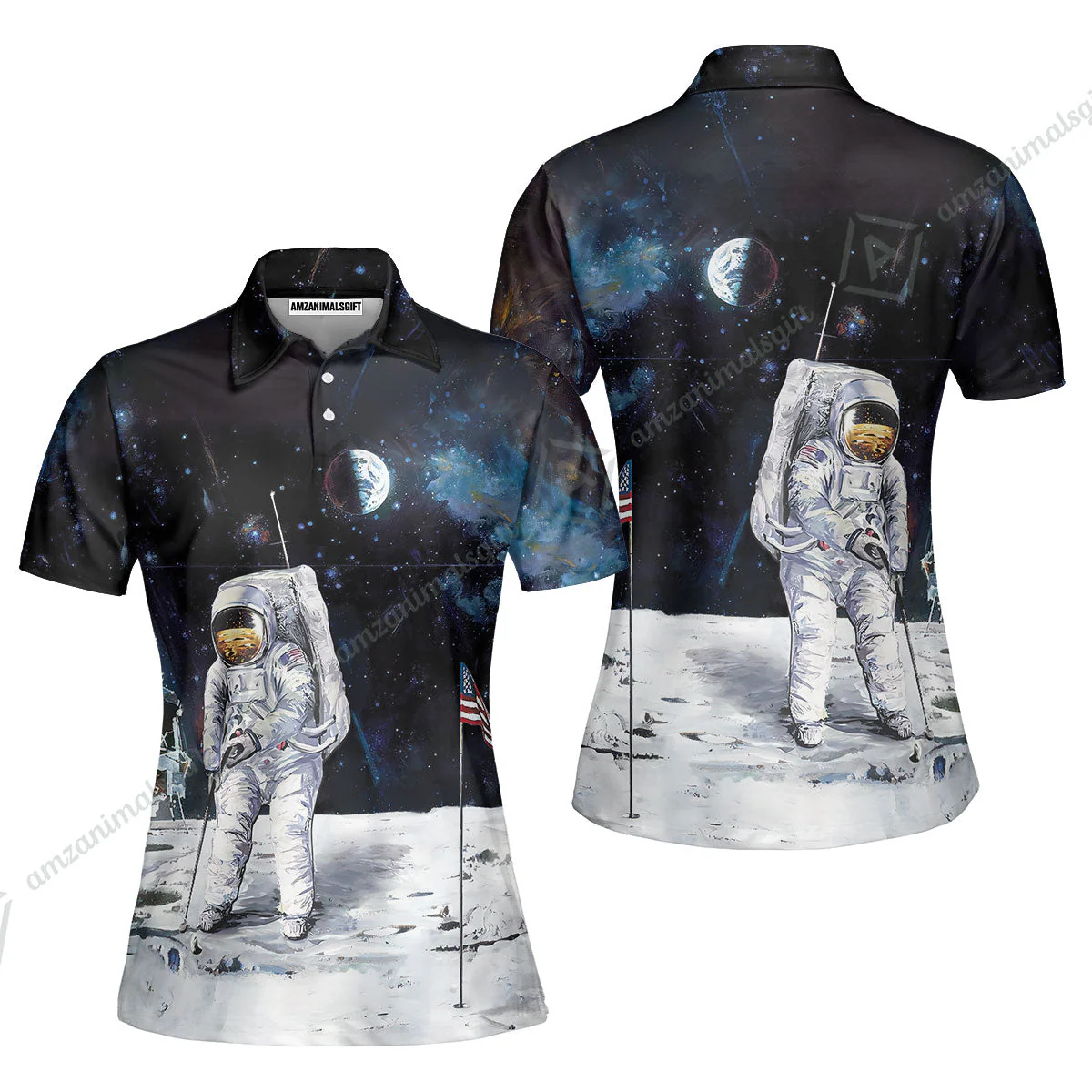 Golf Women Sleeveless Polo Shirt - Astronaut Moon Golf Men Polo Shirt, American Flag Women Sleeveless Polo Shirt - Image 3