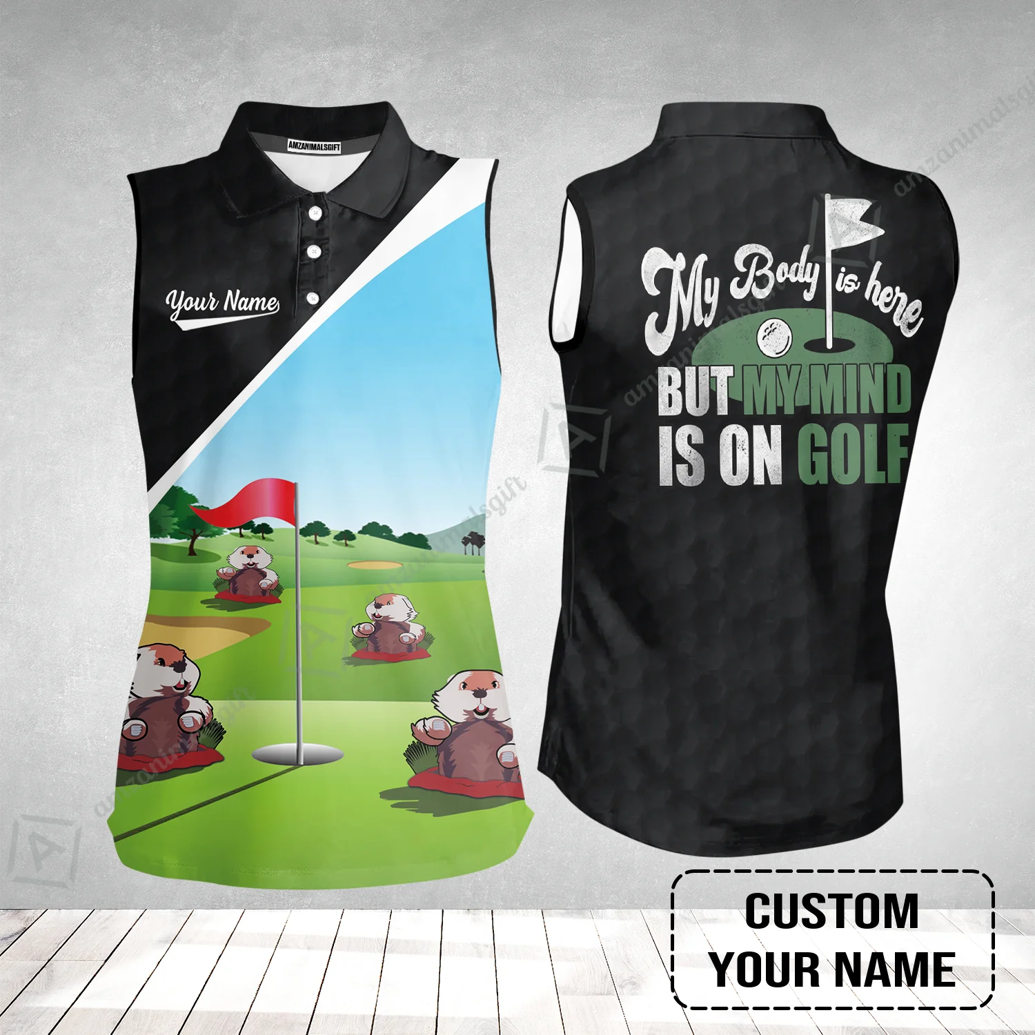 Golf Women Sleeveless Polo Shirt- Gopher My Mind Is On Golf Custom Women Sleeveless Polo Shirt - Image 2