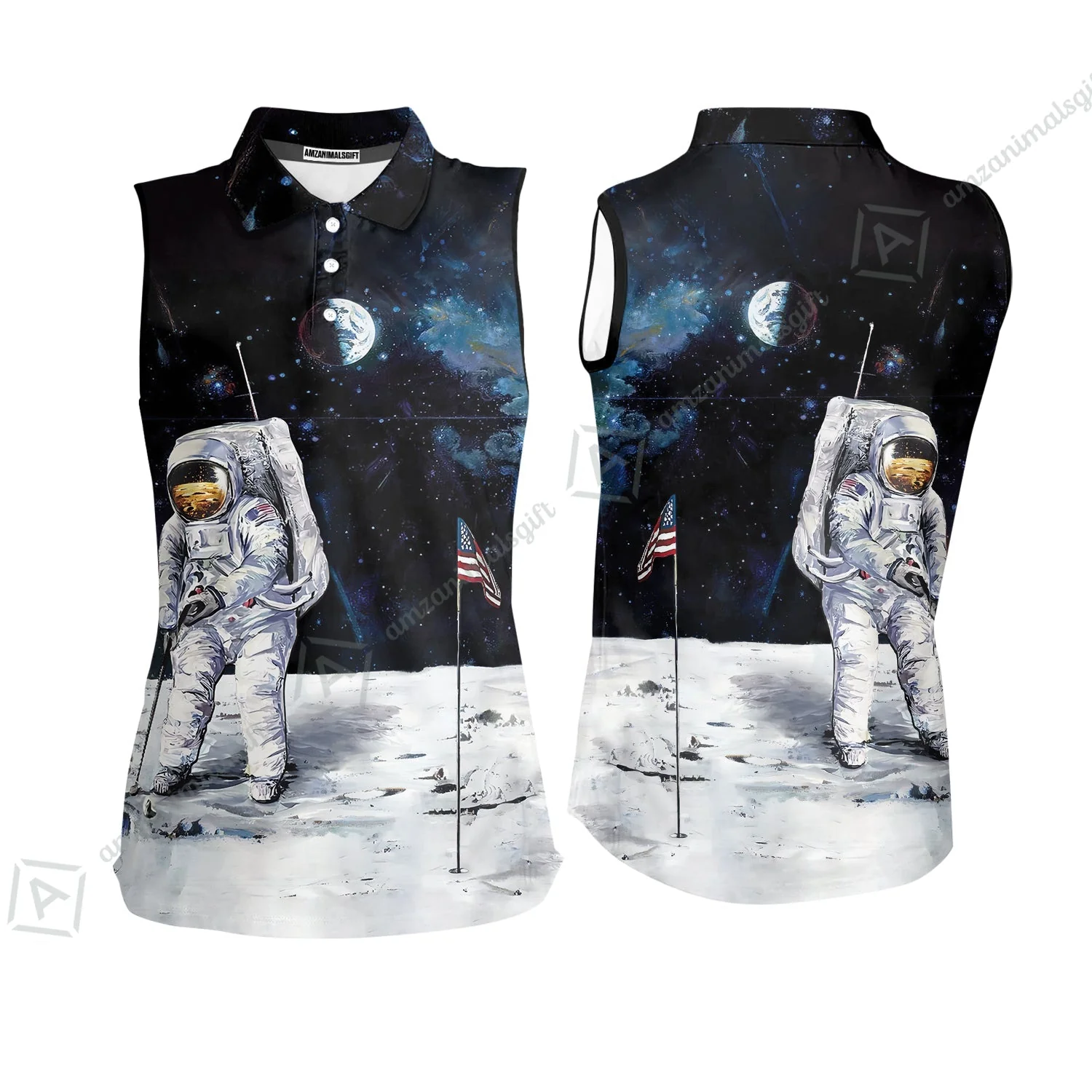 Golf Zip Polo Shirt - Astronaut Moon Golf Men Polo Shirt, American Flag Zip Polo Shirt - Image 6