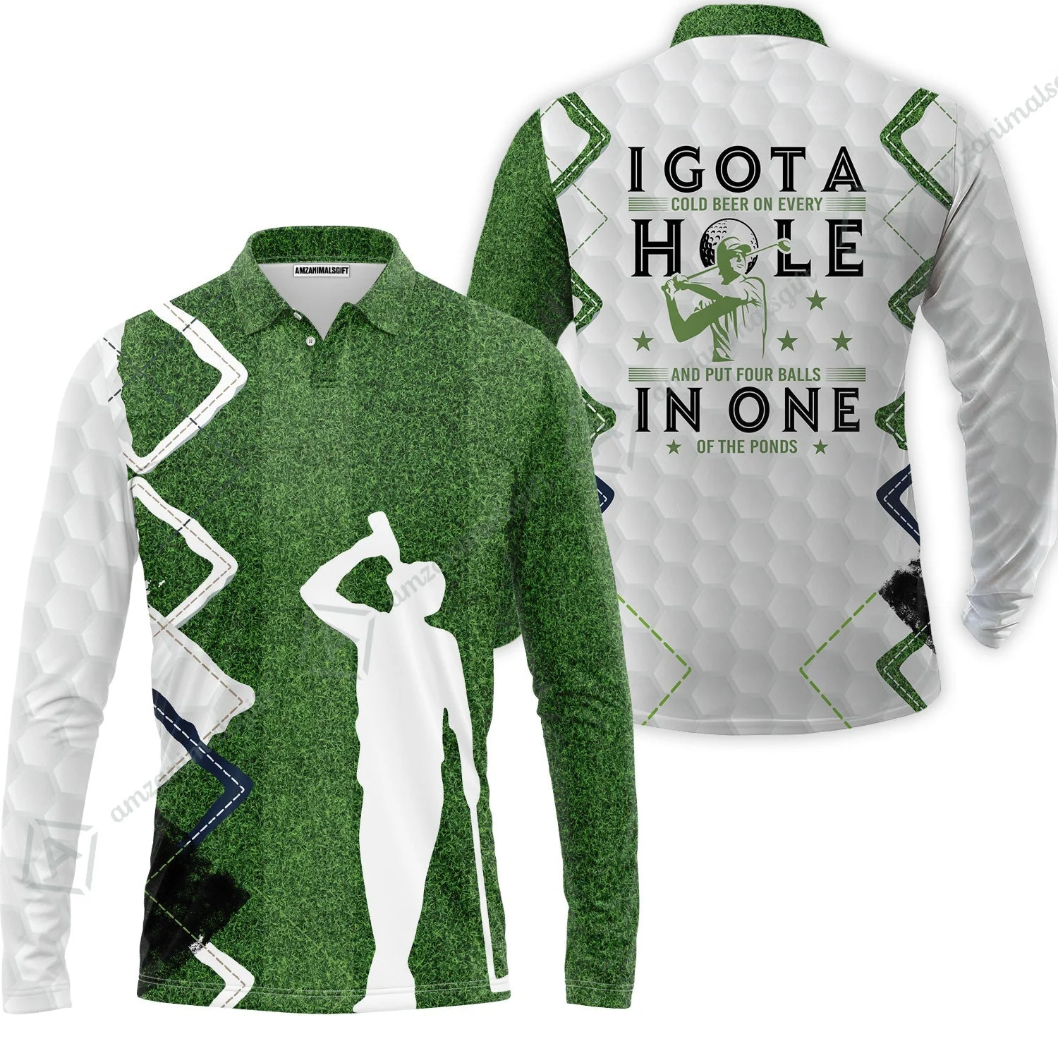 Golf Zip Polo Shirt - Green Argyle Golf Shirt, I Got A Cold Beer On Every Hole In One Zip Polo Shirt - Image 3