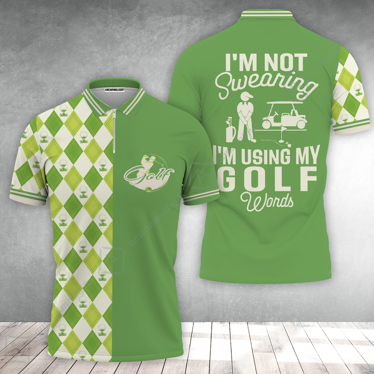 Golf Zip Polo Shirt, I'm Not Swearing I'm Using My Golf Words Zip Polo Shirt, Green Argyle Pattern Zip Polo Shirt - Image 2