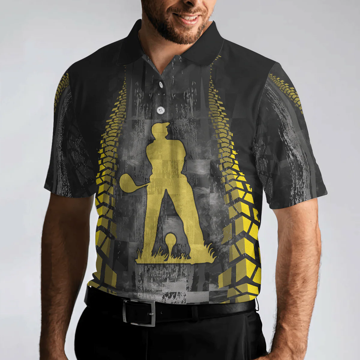 Golfer On Yellow Silhouette Men Polo Shirt, Checker Pattern Racing Polo Shirt, Best Golf Shirt For Men, Best Gift For Golfers - Image 4