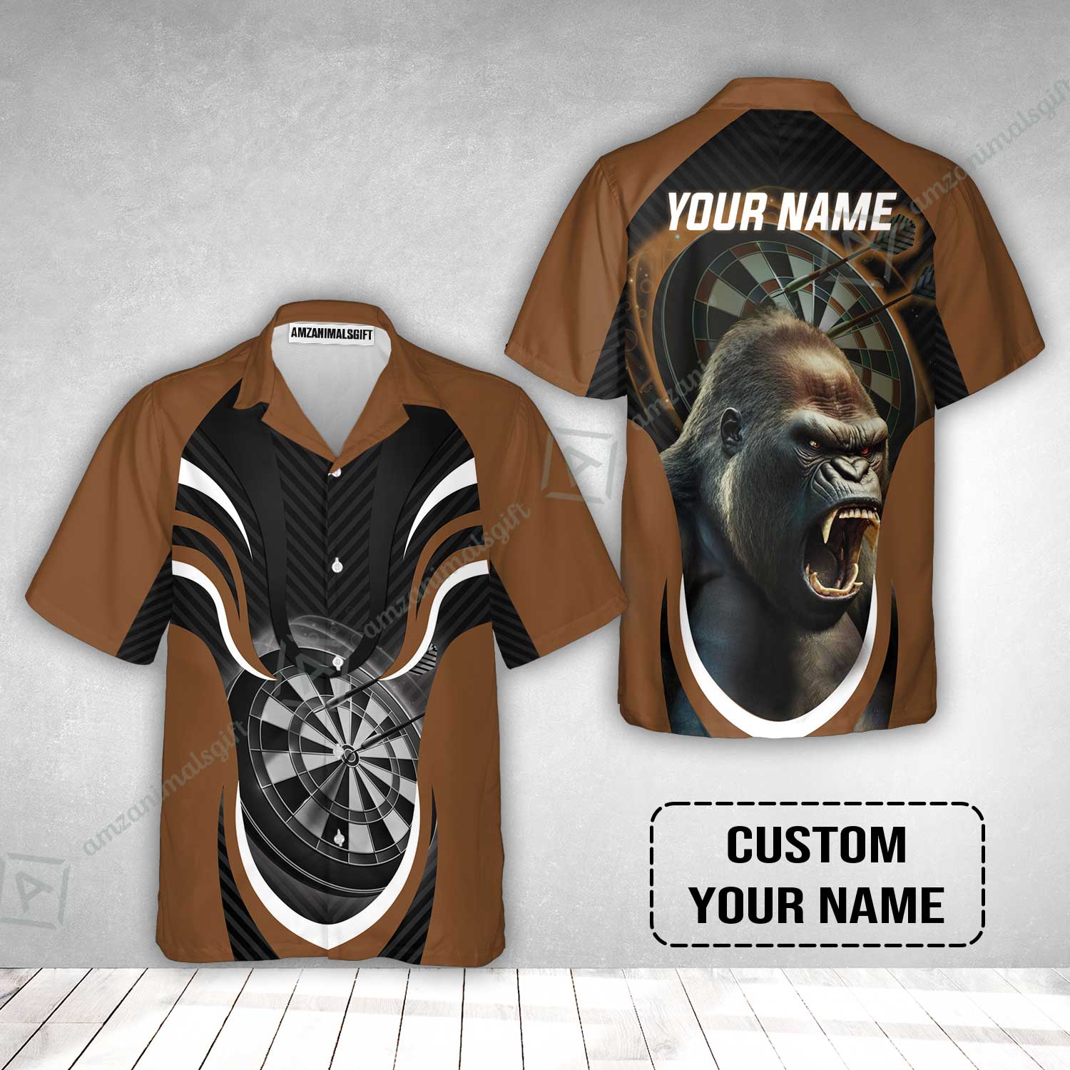 Gorilla And Darts Custom Name Hawaiian Shirt, Bullseye Dartboard Brown Personalized Hawaiian Shirt - Image 2