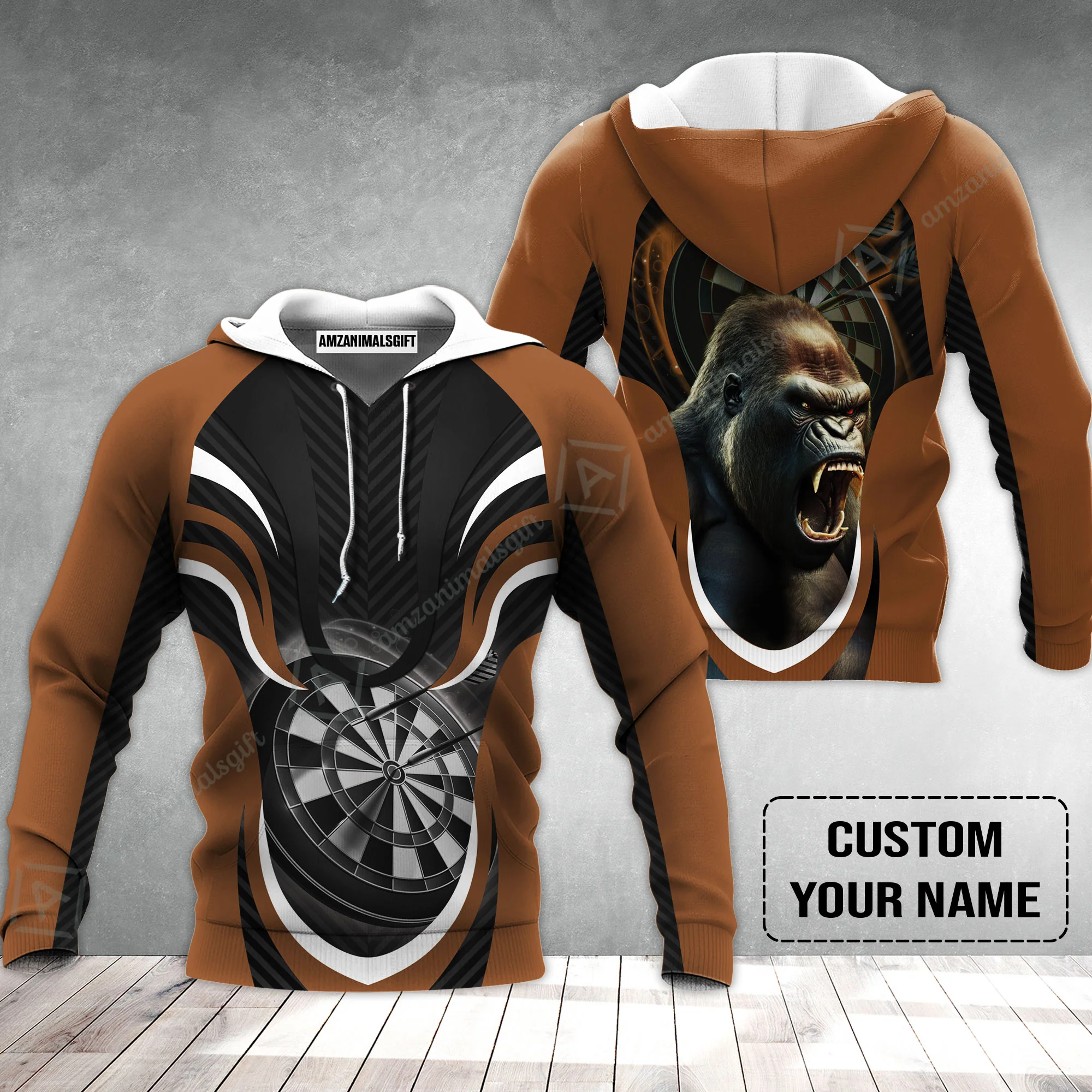 Gorilla And Darts Custom Name Hoodie, Bullseye Dartboard Brown Personalized Hoodie - Image 2