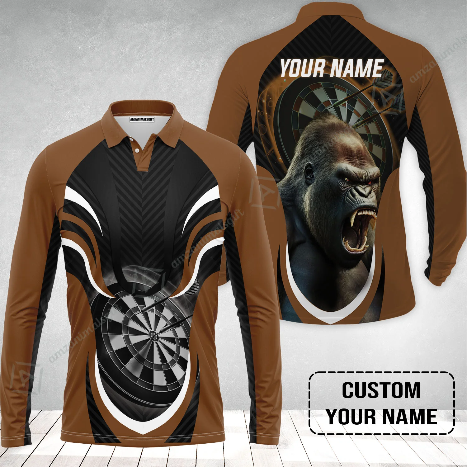 Gorilla And Darts Custom Name Long Polo Shirt, Bullseye Dartboard Brown Personalized Long Polo Shirt - Image 2