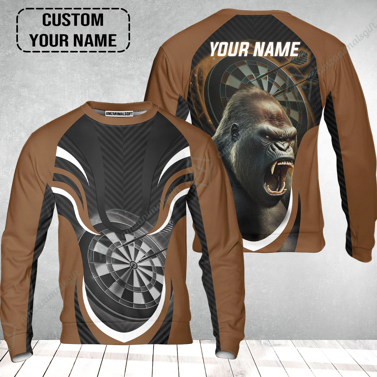 Gorilla And Darts Custom Name Sweatshirt, Bullseye Dartboard Brown Personalized Sweatshirt - Image 2