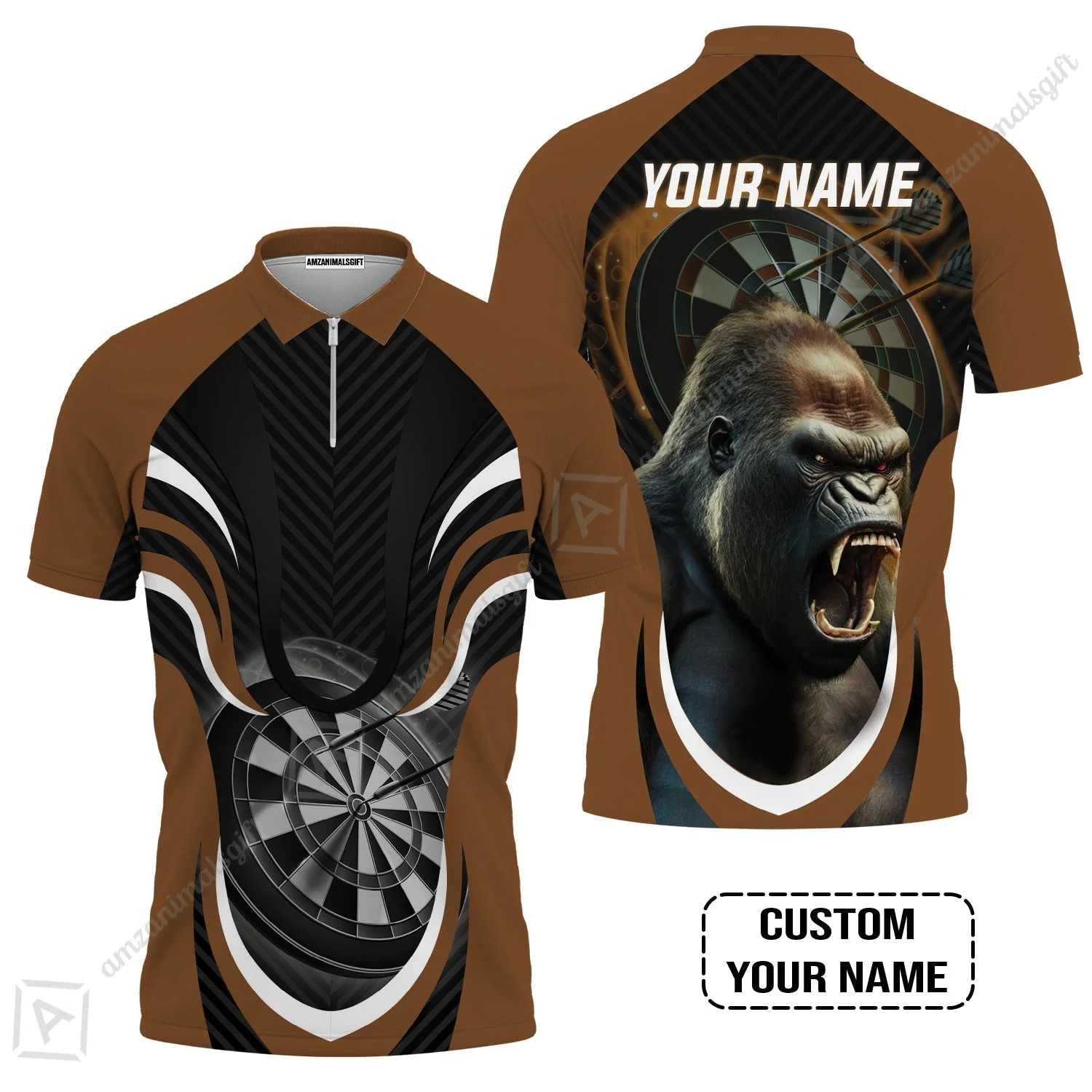 Gorilla And Darts Custom Name Sweatshirt, Bullseye Dartboard Brown Personalized Sweatshirt - Image 4
