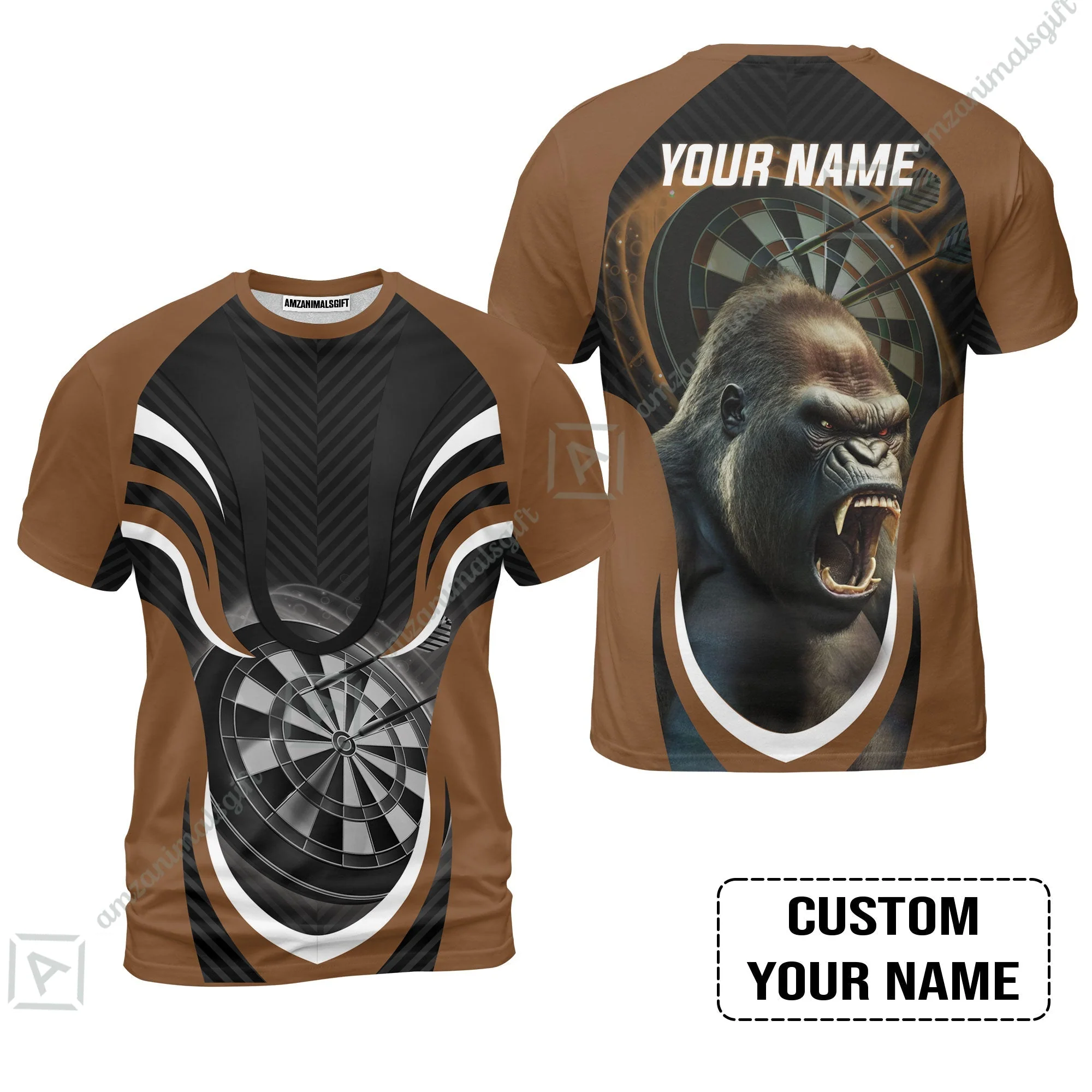 Gorilla And Darts Custom Name Sweatshirt, Bullseye Dartboard Brown Personalized Sweatshirt - Image 8
