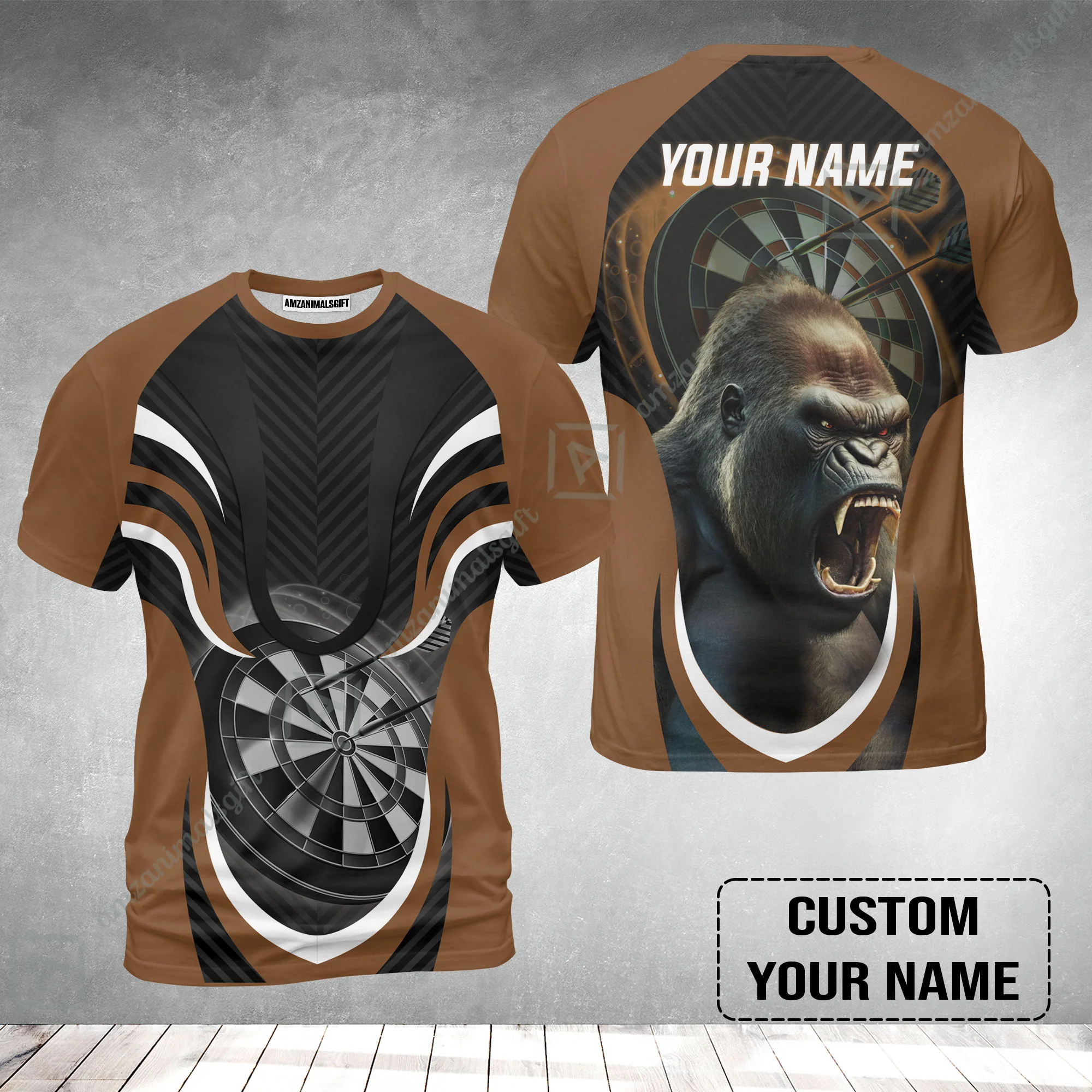 Gorilla And Darts Custom Name T-Shirt, Bullseye Dartboard Brown Personalized T-Shirt - Image 2