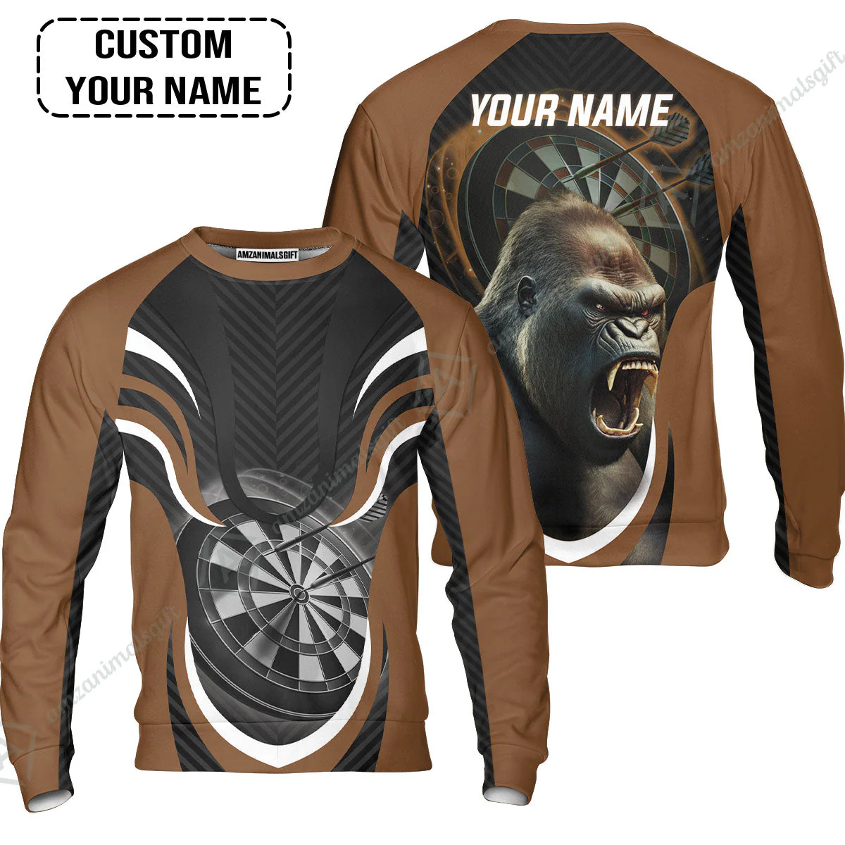 Gorilla And Darts Custom Name T-Shirt, Bullseye Dartboard Brown Personalized T-Shirt - Image 4