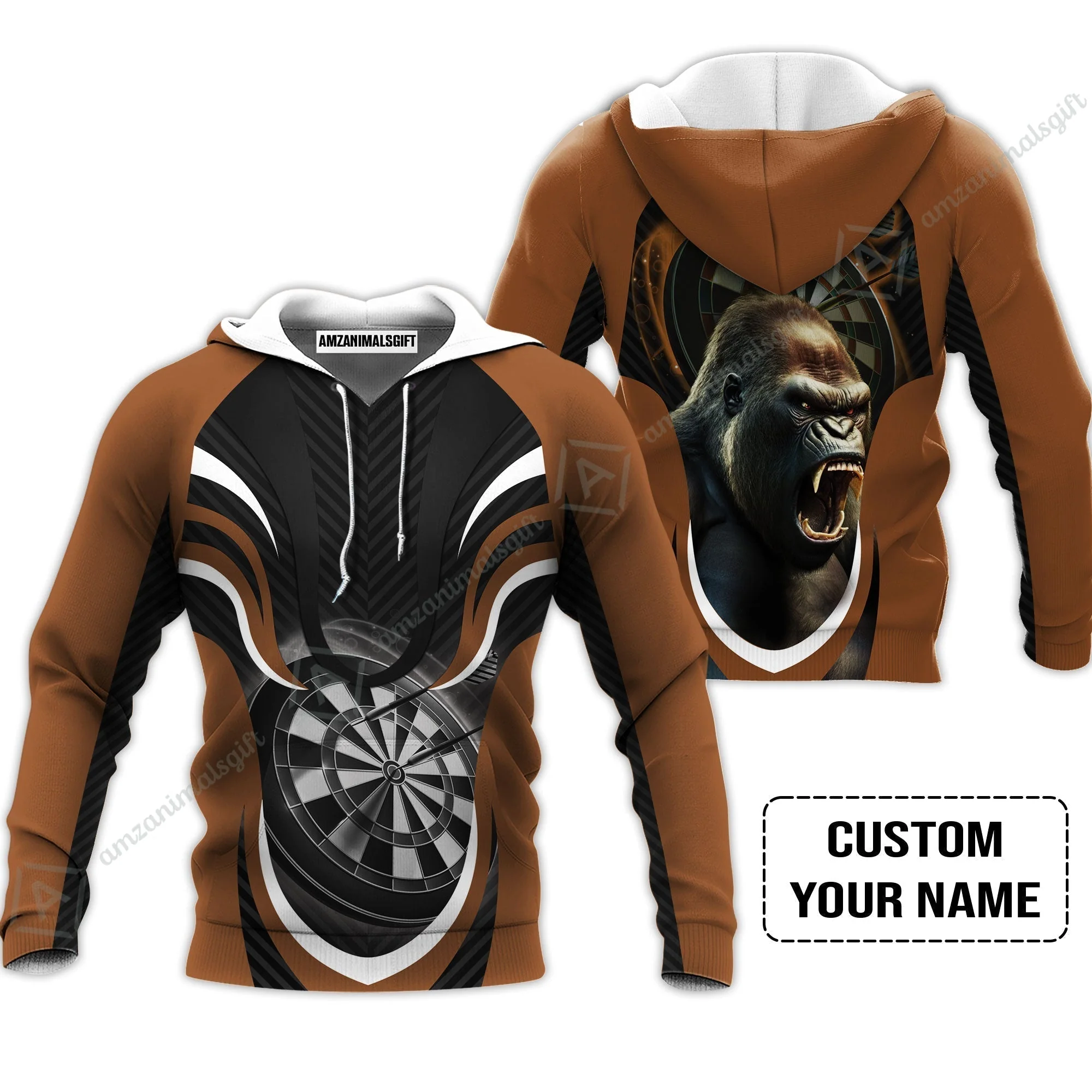 Gorilla And Darts Custom Name T-Shirt, Bullseye Dartboard Brown Personalized T-Shirt - Image 5