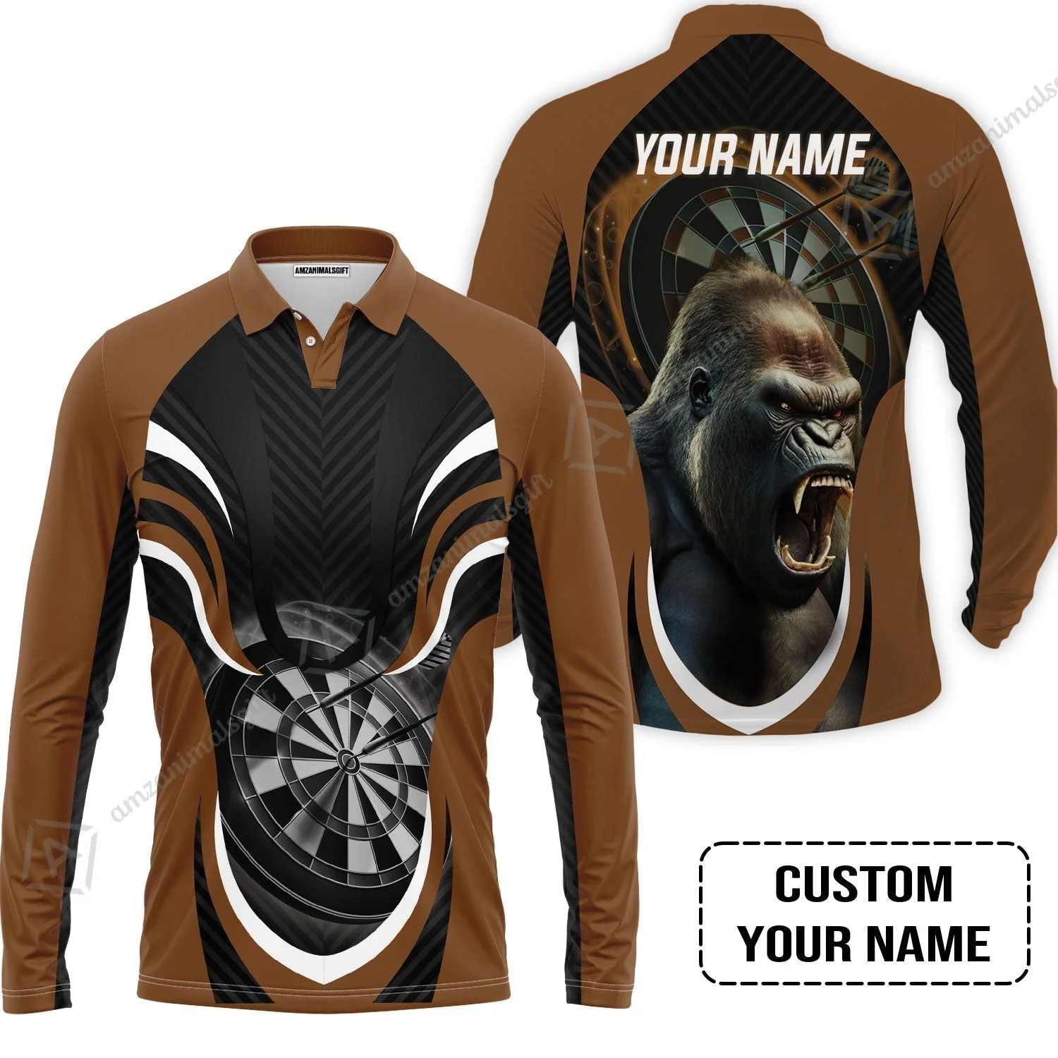 Gorilla And Darts Custom Name T-Shirt, Bullseye Dartboard Brown Personalized T-Shirt - Image 7