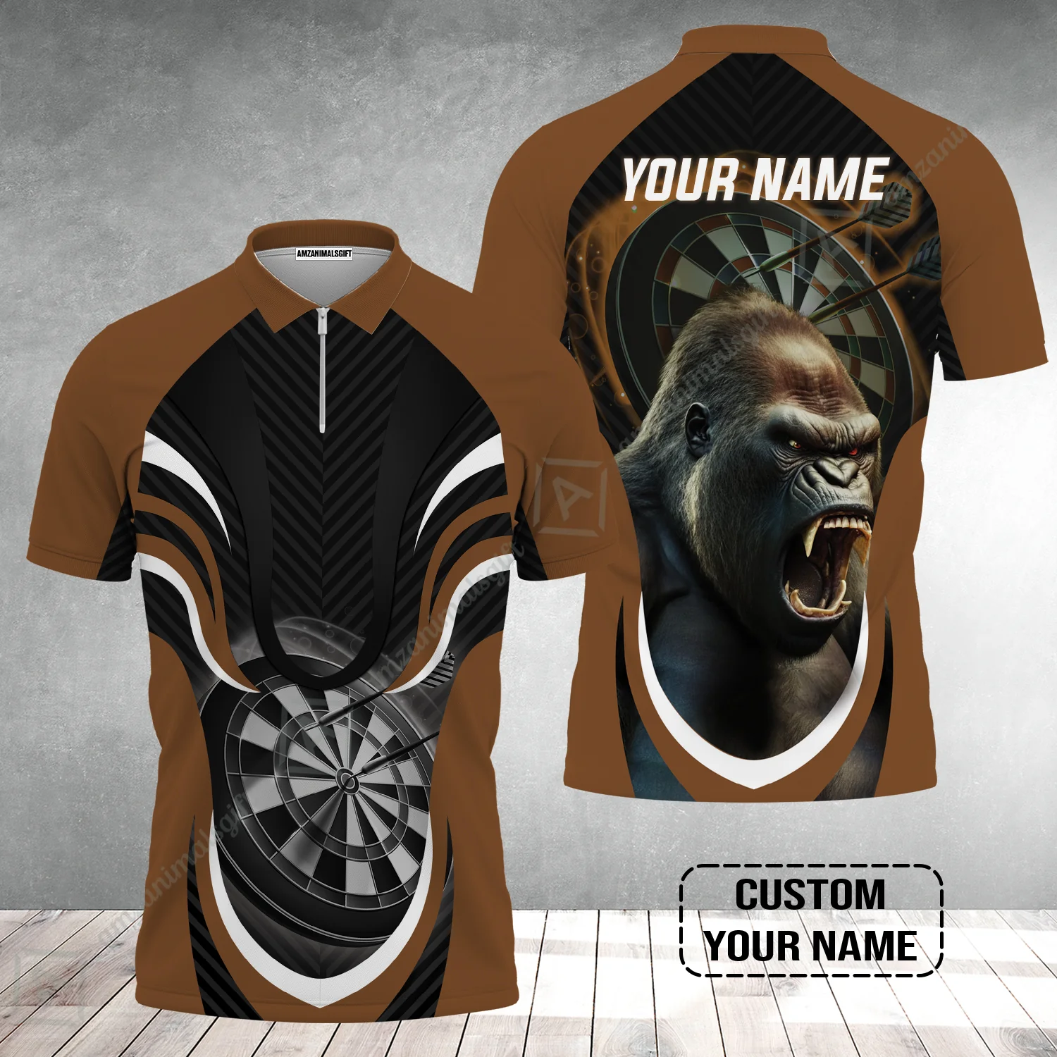 Gorilla And Darts Custom Name Zip Polo Shirt, Bullseye Dartboard Brown Personalized Zip Polo Shirt - Image 2