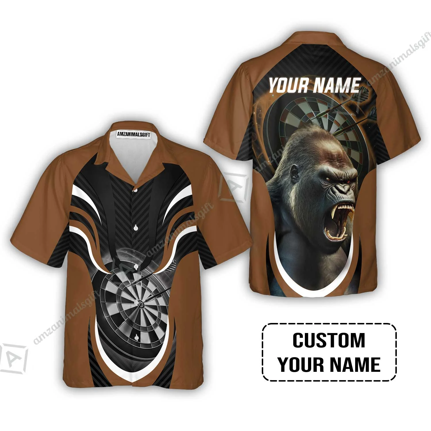Gorilla And Darts Custom Name Zip Polo Shirt, Bullseye Dartboard Brown Personalized Zip Polo Shirt - Image 7