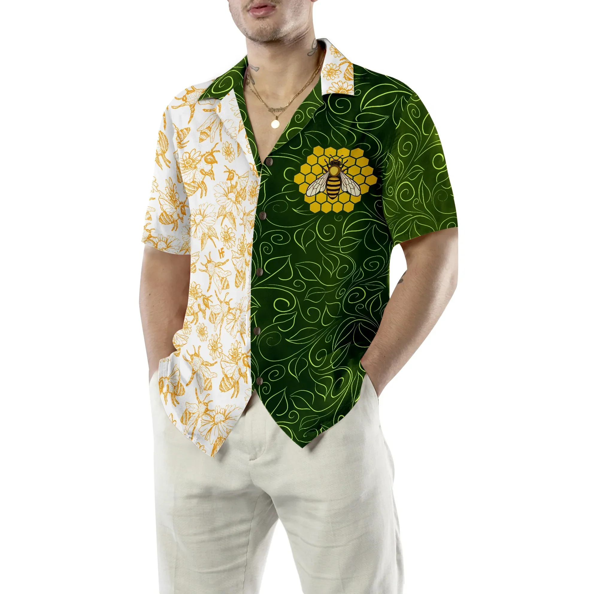 Green Leaves Honey Bee Hawaiian Shirt, Summer Animals Aloha Shirts For Men Women, Perfect Gift For Husband, Wife, Boyfriend, Friend - Image 5