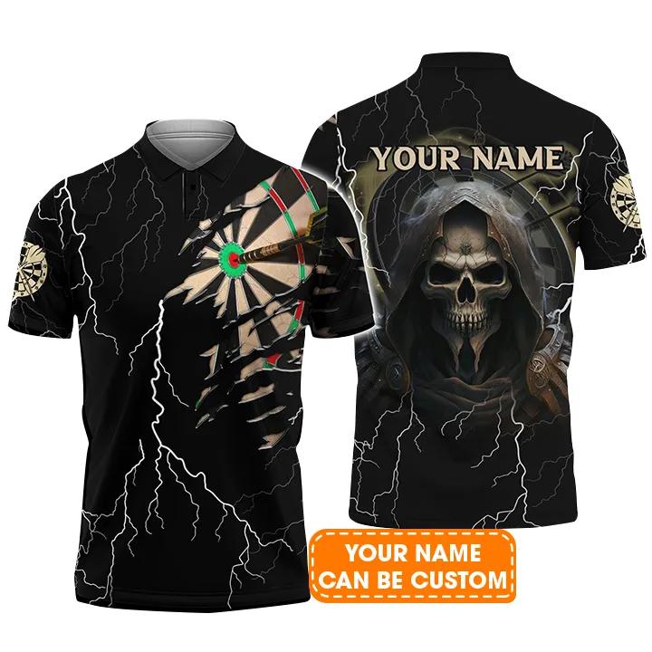 Grim Reaper And Darts Custom Name Men Polo Shirt, Bullseye Dartboard Thunder Personalized Men Polo Shirt Gift For Darts Lovers, Team, Friends - Image 2