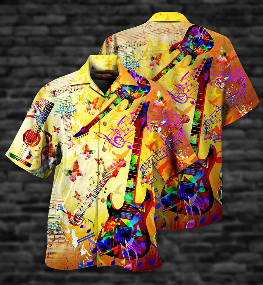 Guitar Butterfly Colorful Aloha Hawaiian Shirt For Summer, Guitar Music Hawaiian Shirts Outfit For Men Women, Music Guitar Lovers