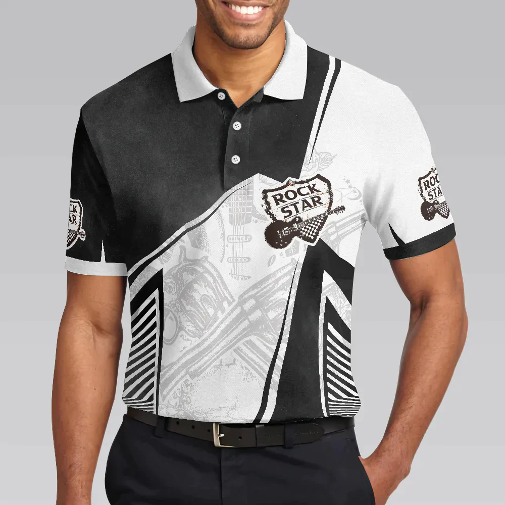 Guitar Men Polo Shirt, Black And White Guitar Polo Shirt, Let's Rock Freedom Of Life Old School Shirt For Men - Gift For Guitar Lovers, Music Lovers - Image 4