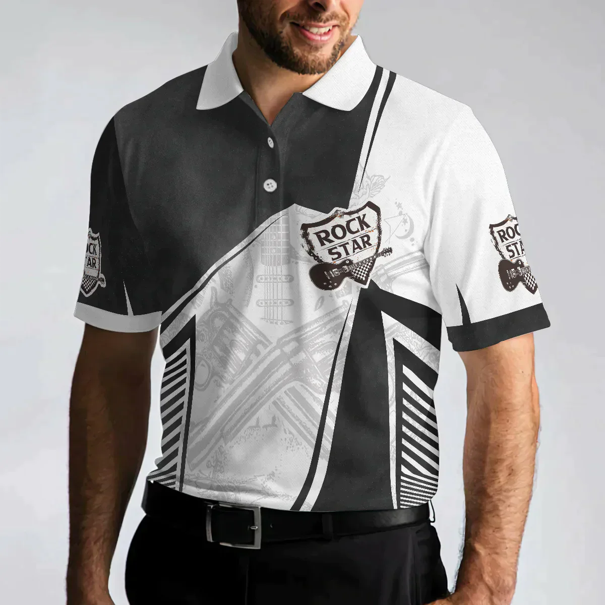 Guitar Men Polo Shirt, Black And White Guitar Polo Shirt, Let's Rock Freedom Of Life Old School Shirt For Men - Gift For Guitar Lovers, Music Lovers - Image 5