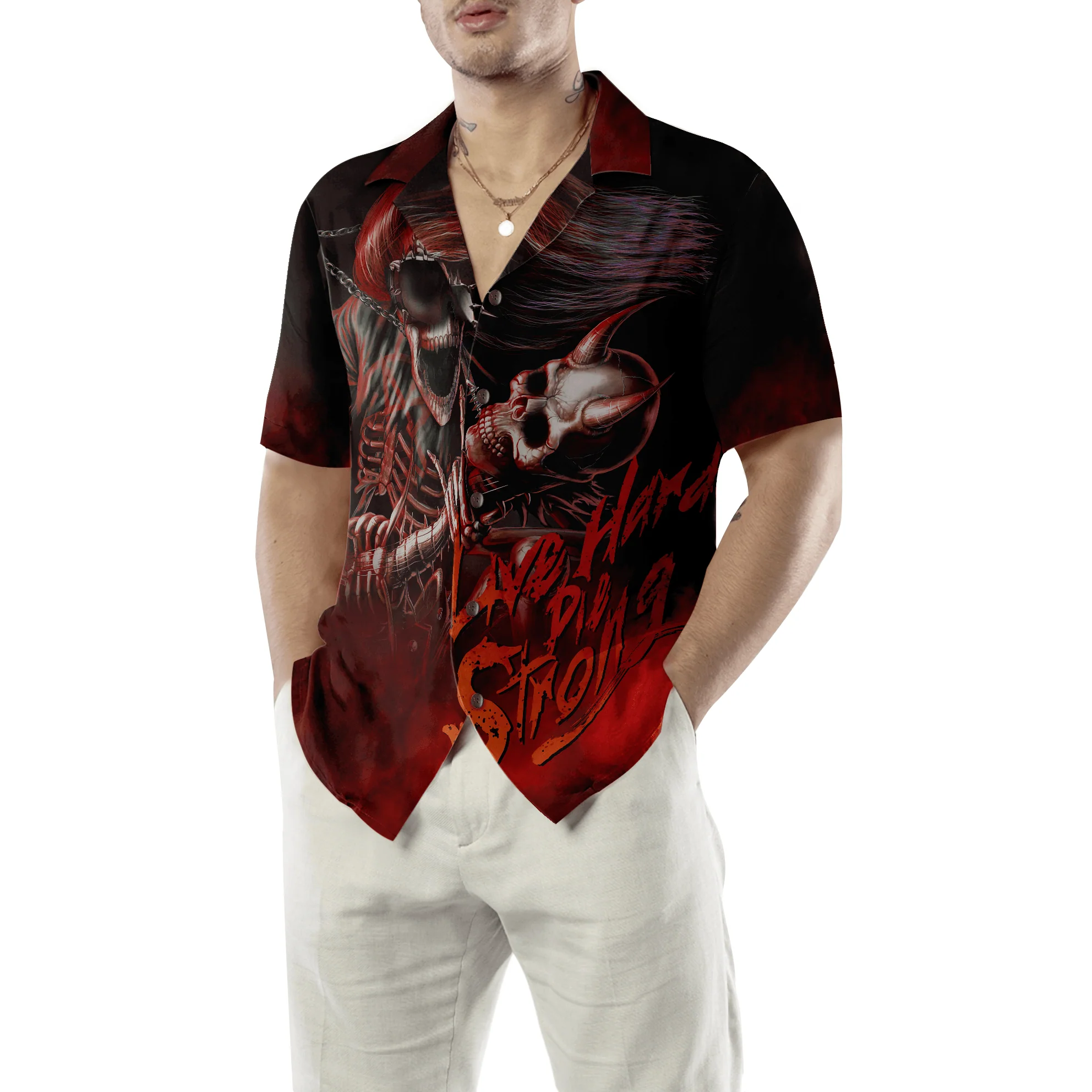 Guitar Skull Hawaiian Shirt, Live Hard Die Strong Burning Guitar, Colorful Summer Aloha Shirt For Men Women, Gift For Friend, Family - Image 3