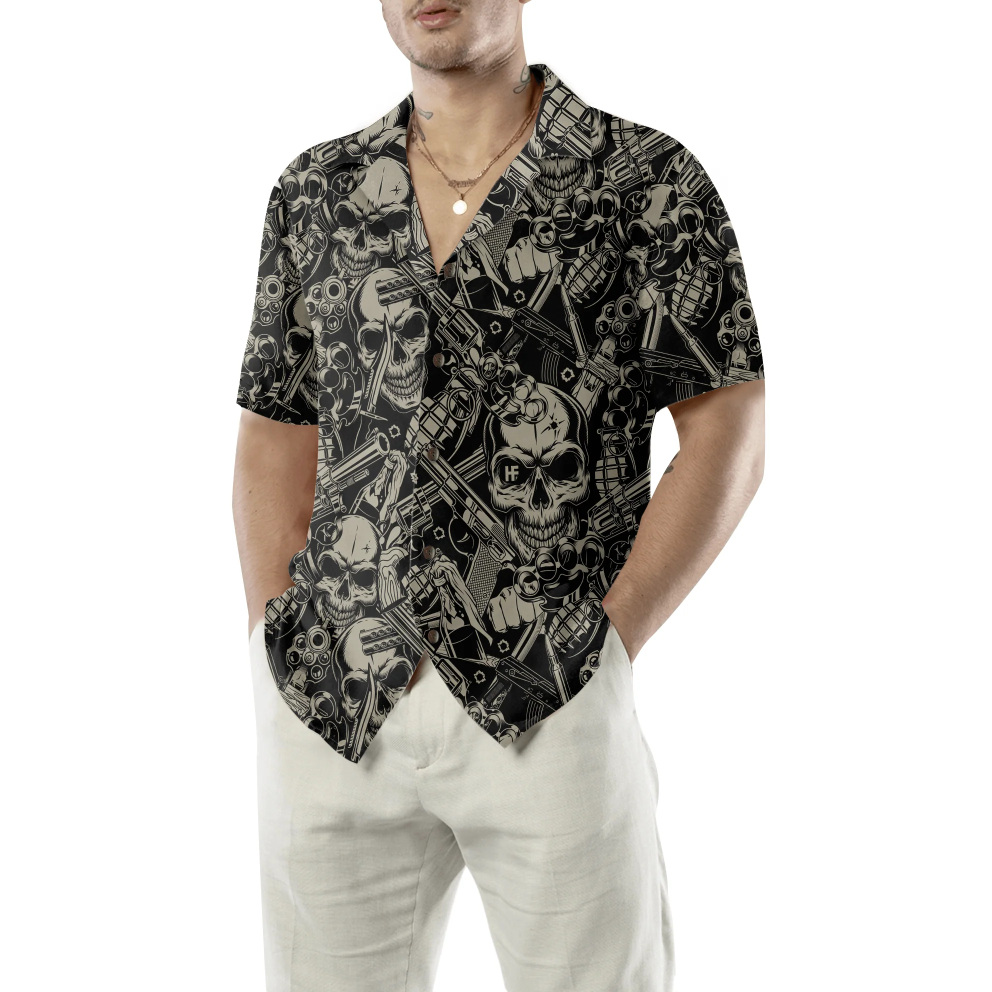 Guns And Skulls Hawaiian Shirt, Colorful Summer Aloha Shirt For Men Women, Perfect Gift For Friend, Family, Husband, Wife, Boyfriend - Image 2