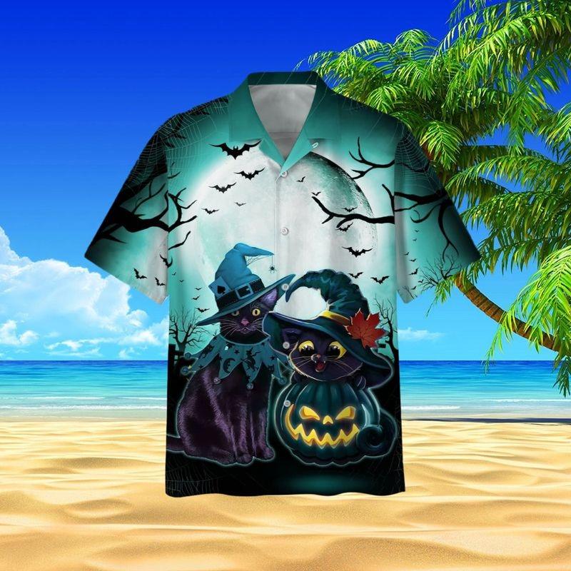 Halloween Aloha Hawaiian Shirt - Halloween Witch Black Cat Pattern Hawaiian Shirt, Halloween Pattern Hawaiian Shirt For Men & Women, Black Cat Lover