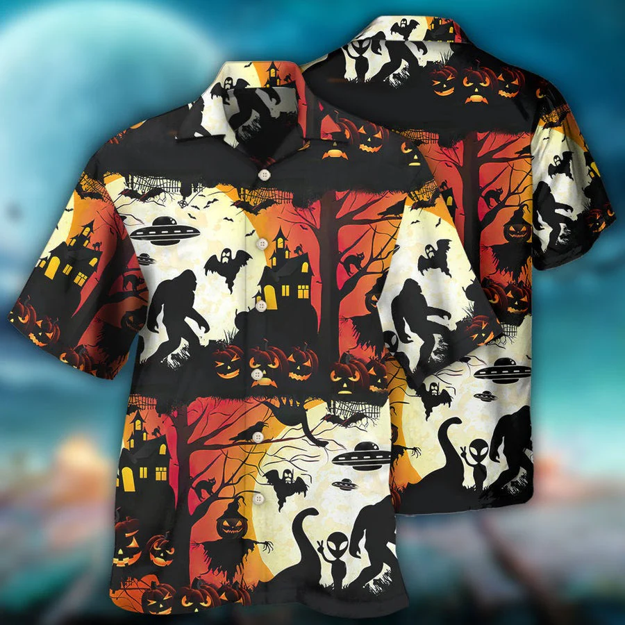Halloween Bigfoot Hawaiian Shirt, Halloween Ew People Bigfoot UFO Aloha Shirt For Men & Women - Halloween Gift For Members Family, Friends