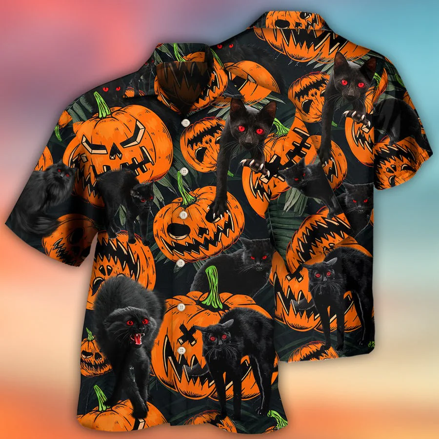 Halloween Black Cat Hawaiian Shirt, Halloween Pumpkin Scary Tropical For Men & Women - Halloween Gift For Members Family, Friends, Black Cat Lovers - Image 2
