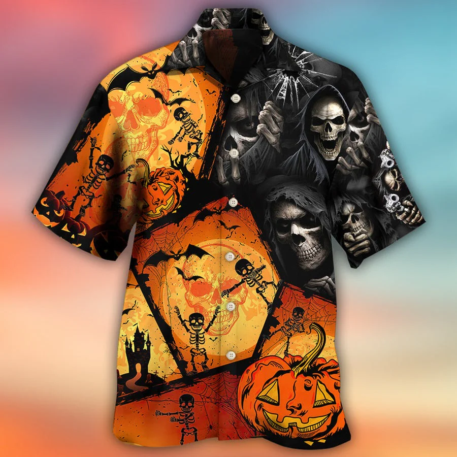 Halloween Death Hawaiian Shirt, Halloween Skull Pumpkin Scary Aloha Shirt For Men & Women - Halloween Gift For Members Family, Friends - Image 2