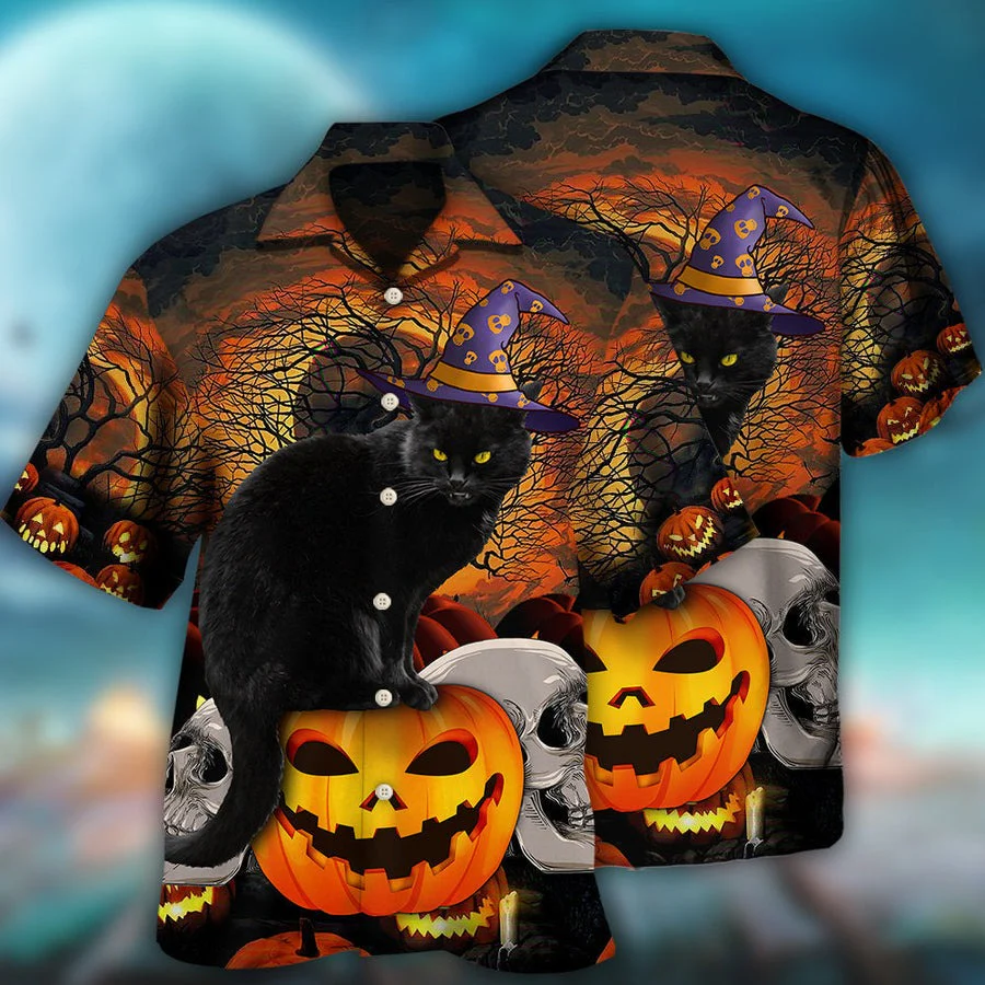 Halloween Hawaiian Shirt, Halloween Black Cat Scary Pumpkin Aloha Shirt For Men & Women - Halloween Gift For Members Family, Friends, Cat Lovers