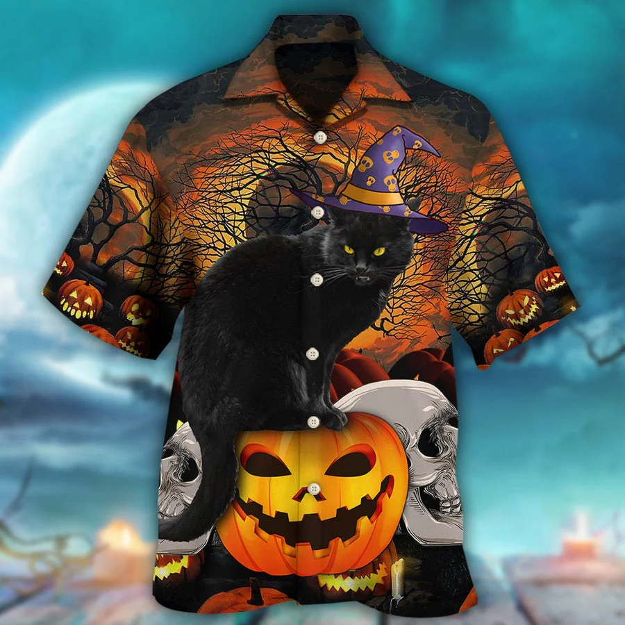 Halloween Hawaiian Shirt, Halloween Black Cat Scary Pumpkin Aloha Shirt For Men & Women - Halloween Gift For Members Family, Friends, Cat Lovers - Image 2