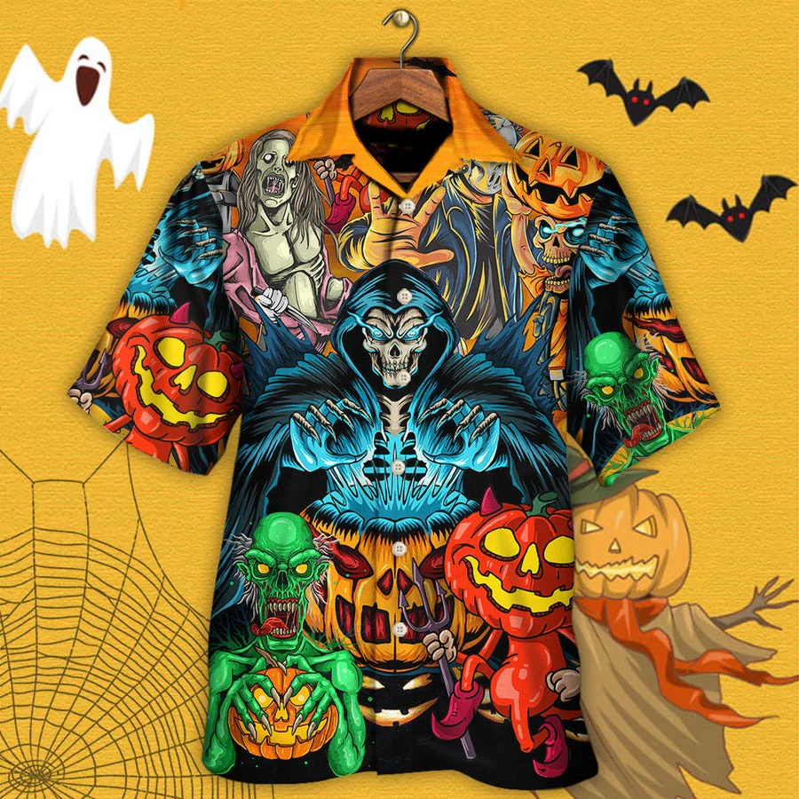 Halloween Scary Skull Hawaiian Shirt, Halloween Death Gun Pumpkin Horror Aloha Shirt For Men & Women - Halloween Gift For Members Family, Friends - Image 2