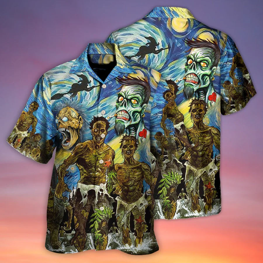 Halloween Zombie Hawaiian Shirt, Halloween Witch Crazy Starry Night Funny Boo Aloha Shirt For Men & Women - Halloween Gift For Members Family, Friends